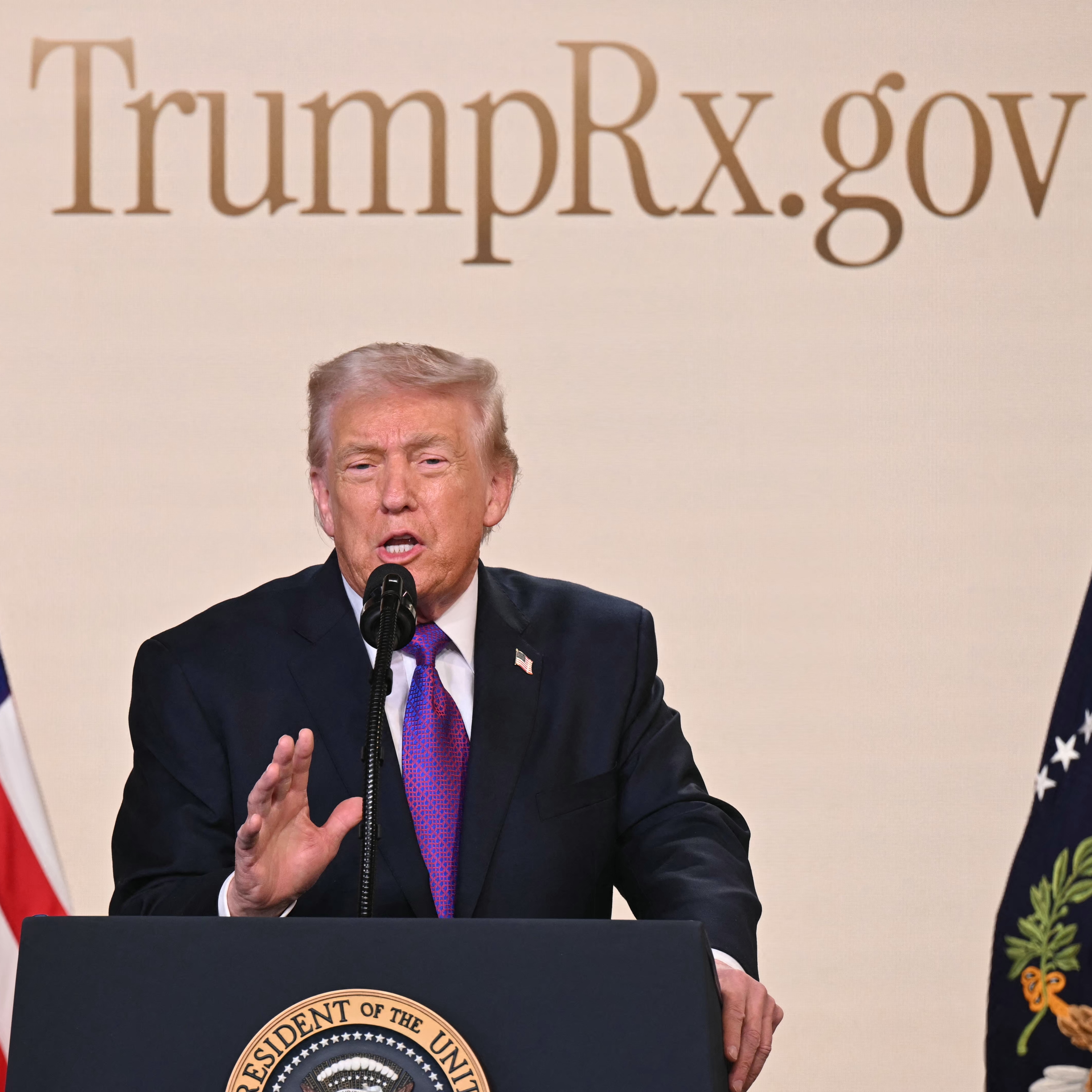 US President Donald Trump speaks to introduce the new TrumpRx website in the South Court Auditorium of the White House in Washington, DC.