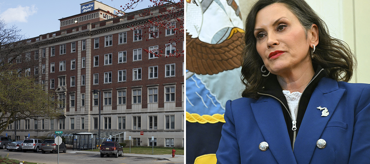 Henry Ford Hospital in Detroit in the column to the left and Michigan Governor Gretchen Whitmer to the right.