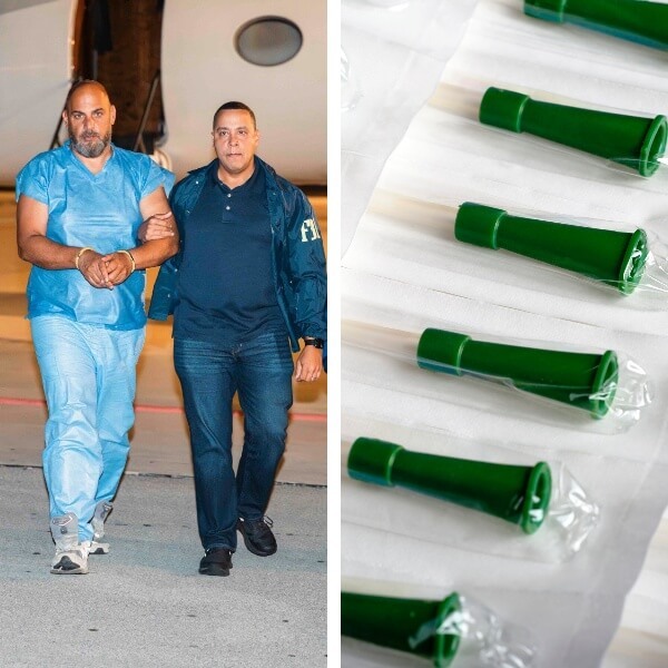 Hilmi landing in the US escorted by the FBI. Catheters were among the medical equipment the scheme exploited.
