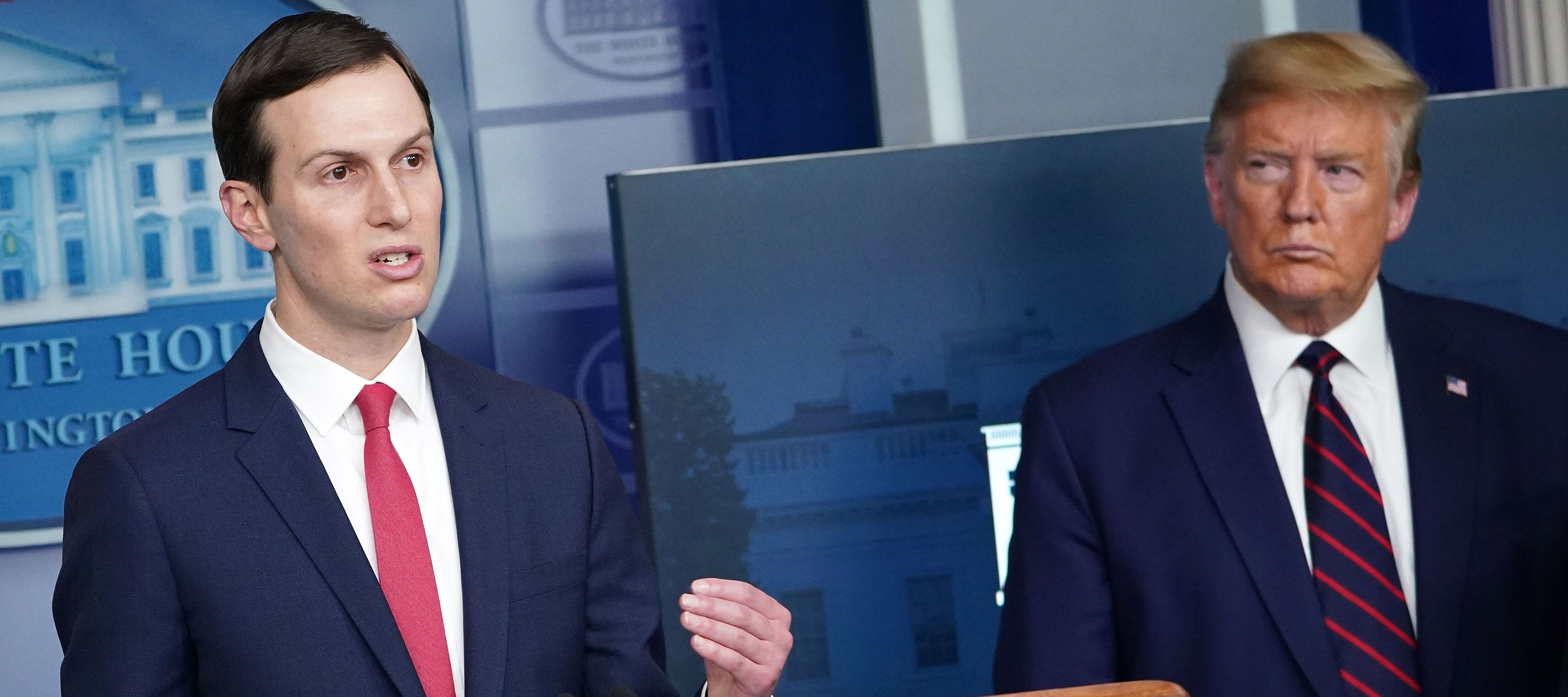 Jared Kushner speaks in the Brady Briefing Room with President Trump standing by.