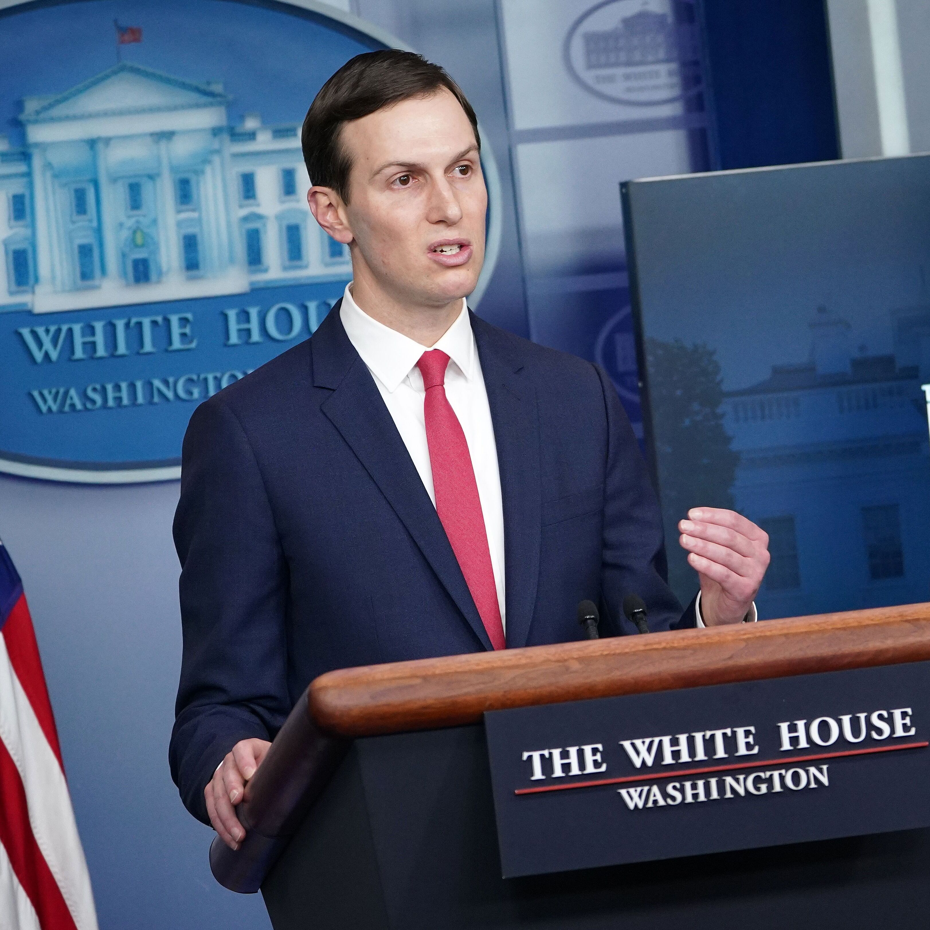 Jared Kushner speaks in the Brady Briefing Room with President Trump standing by.
