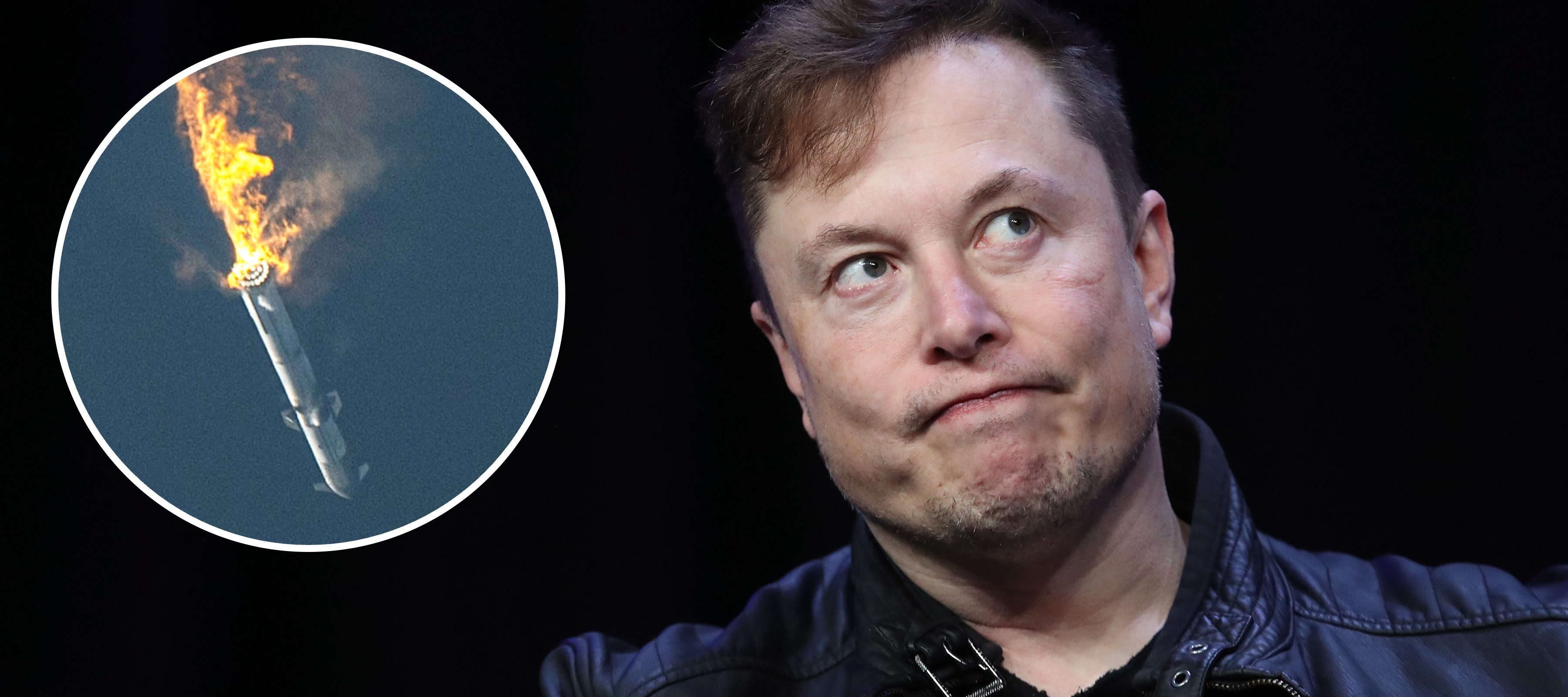 Elon Musk, founder and chief engineer of SpaceX, overlaid with an image of a SpaceX rocket blowing up in 2023.