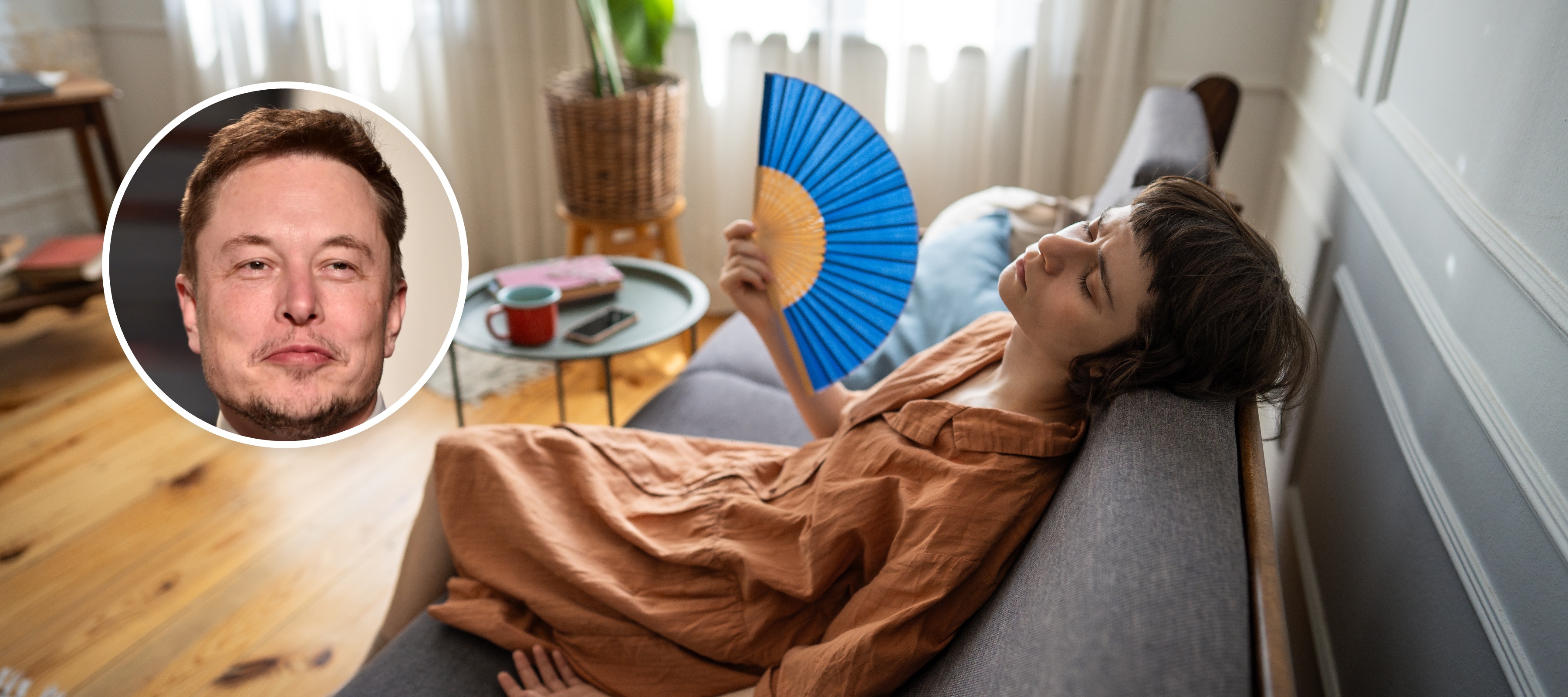 woman hot in apartment with fan and elon musk bubble