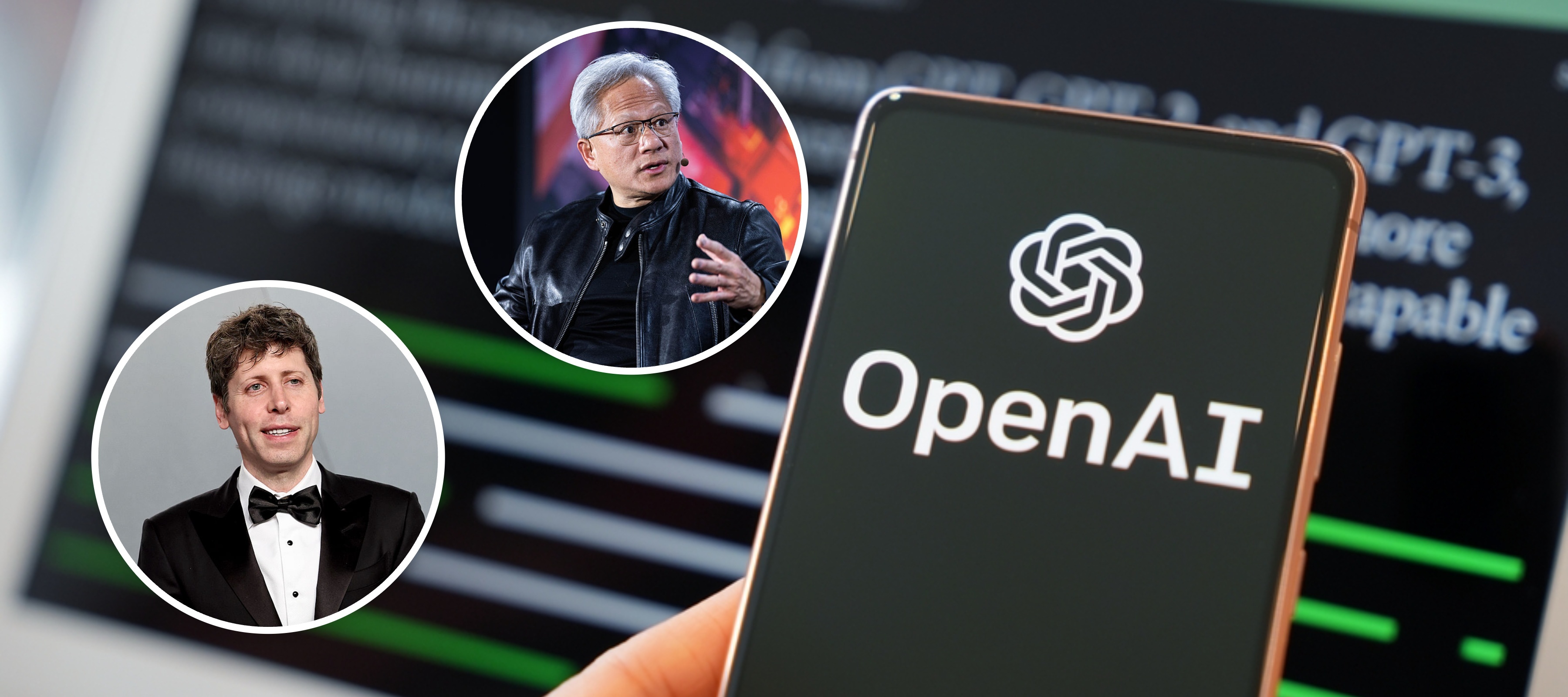 Sam Altman, Jensen Huang and the OpenAI logo.