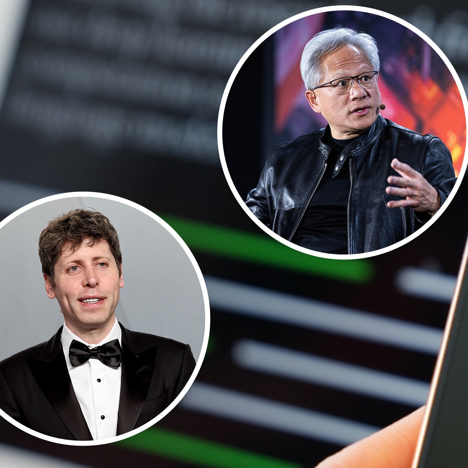 Sam Altman, Jensen Huang and the OpenAI logo.