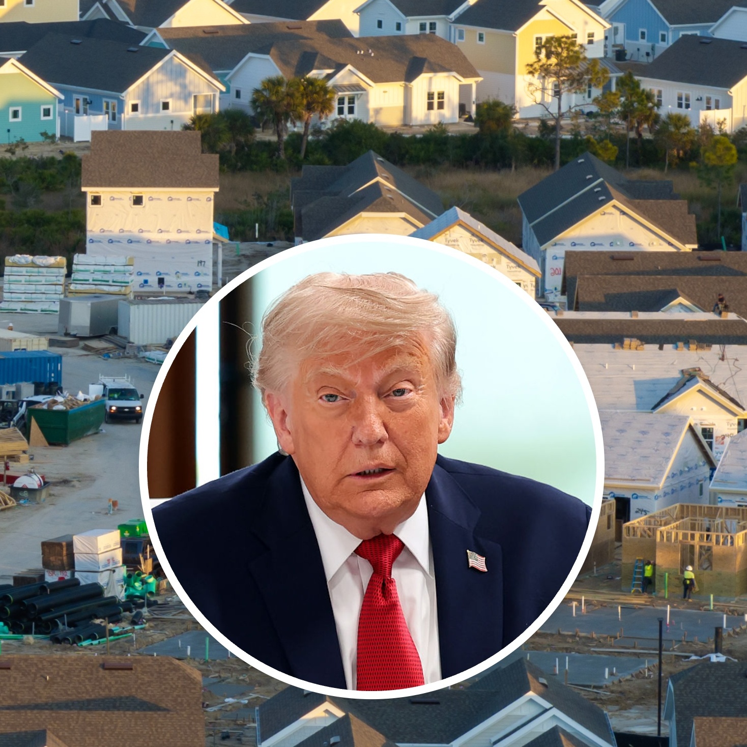 Karoline Leavitt and Trump in front of housing