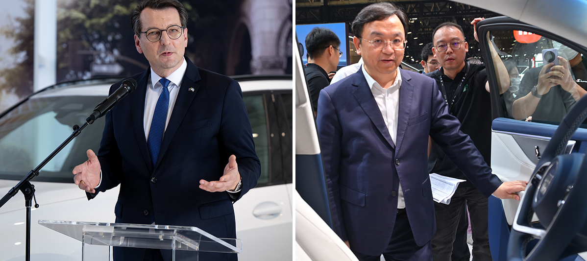 A two-column photo collage of BMW CEO Milan Nedeljkovic and BYD CEO Wang Chuanfu.