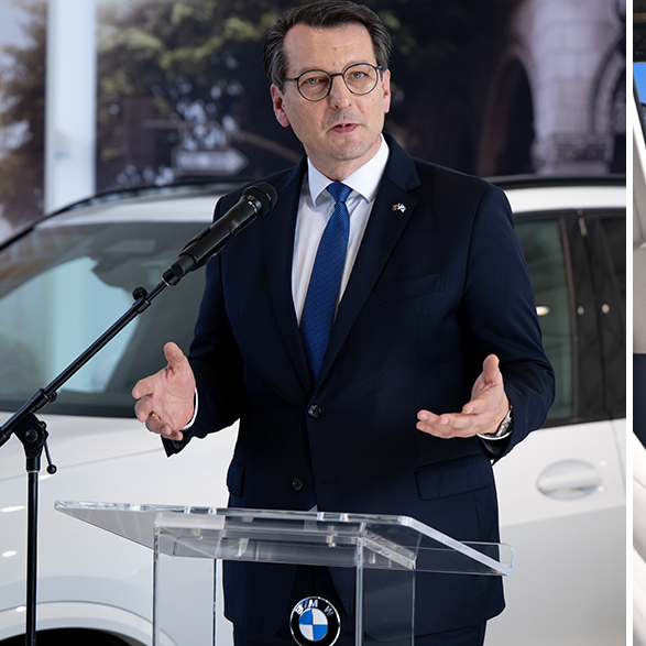A two-column photo collage of BMW CEO Milan Nedeljkovic and BYD CEO Wang Chuanfu.