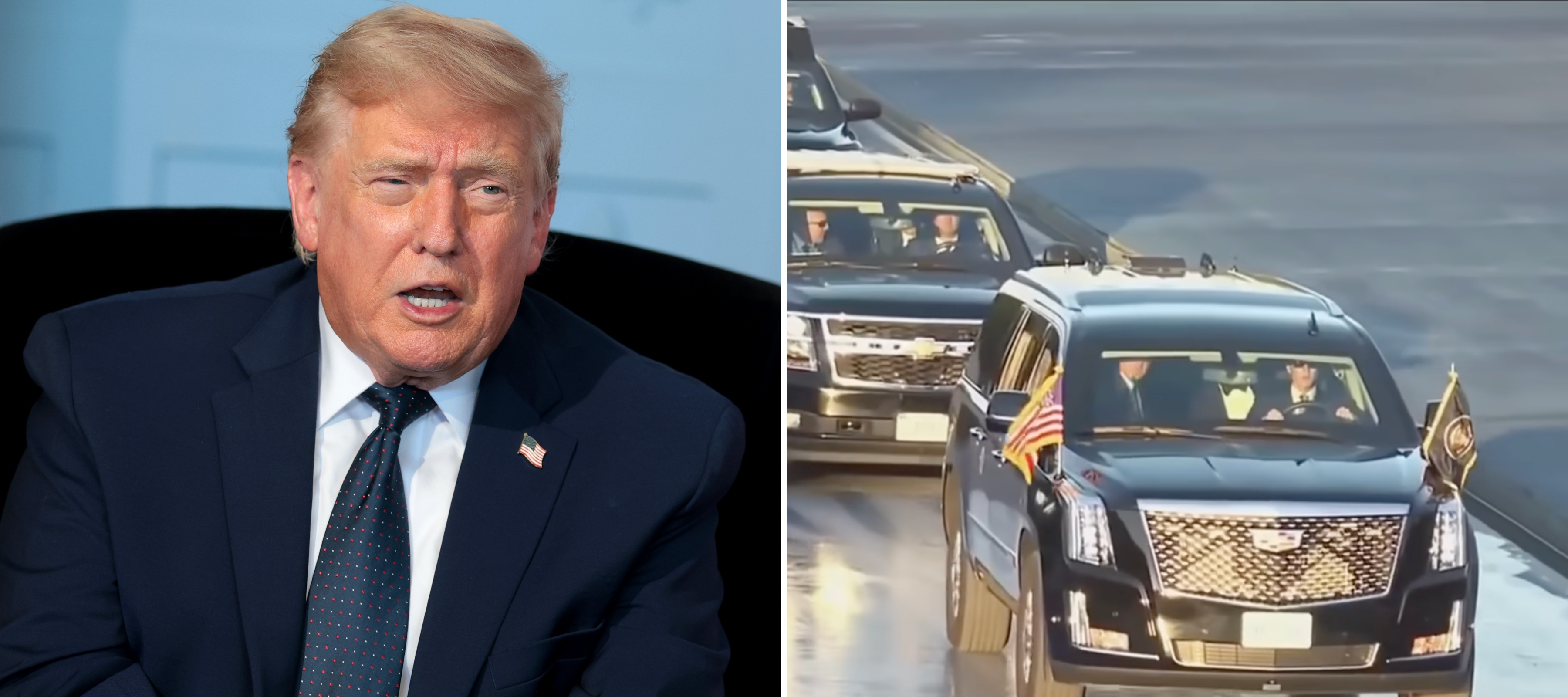 Trump as his motorcade drives over the apparently wet paint.