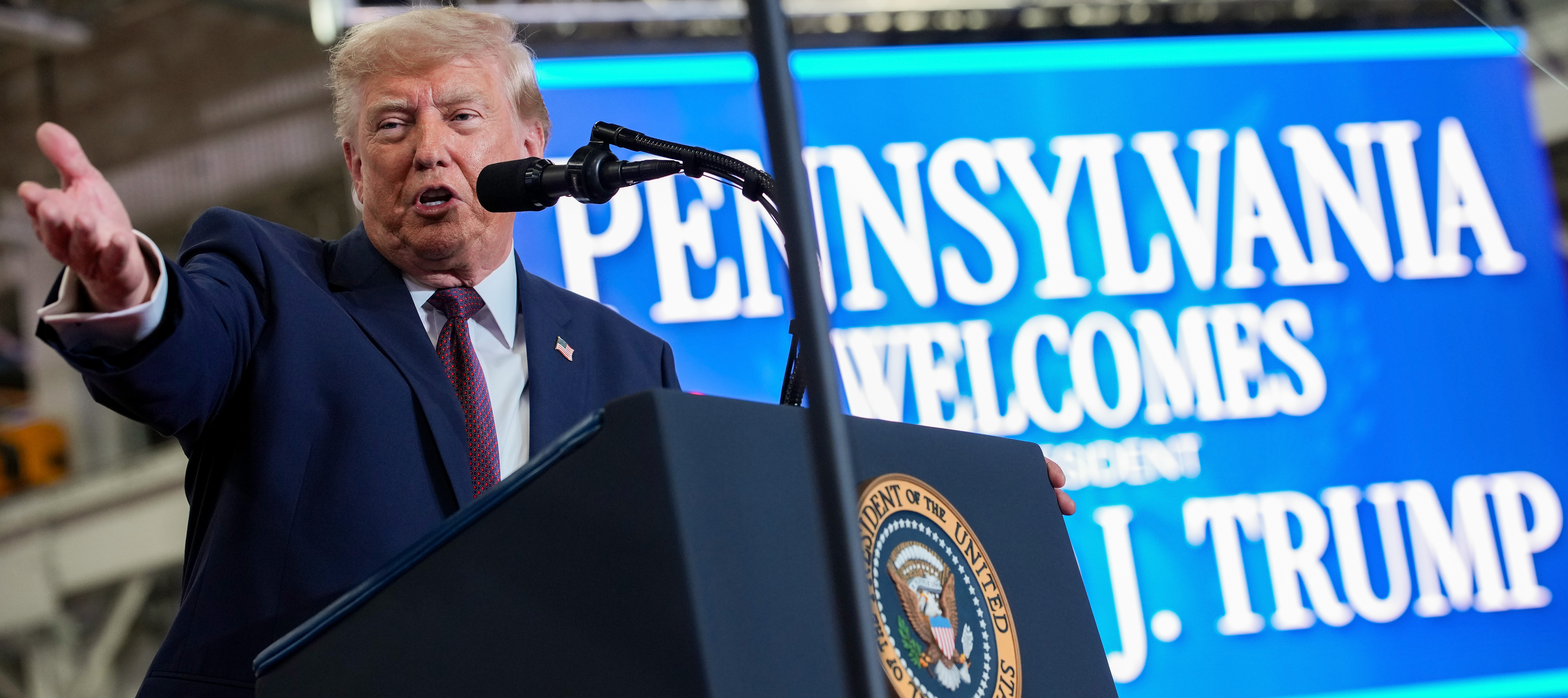 U.S. President Donald Trump delivers remarks at the Mack Trucks Lehigh Valley Operations facility on June 23, 2026 in Macungie, Pennsylvania.