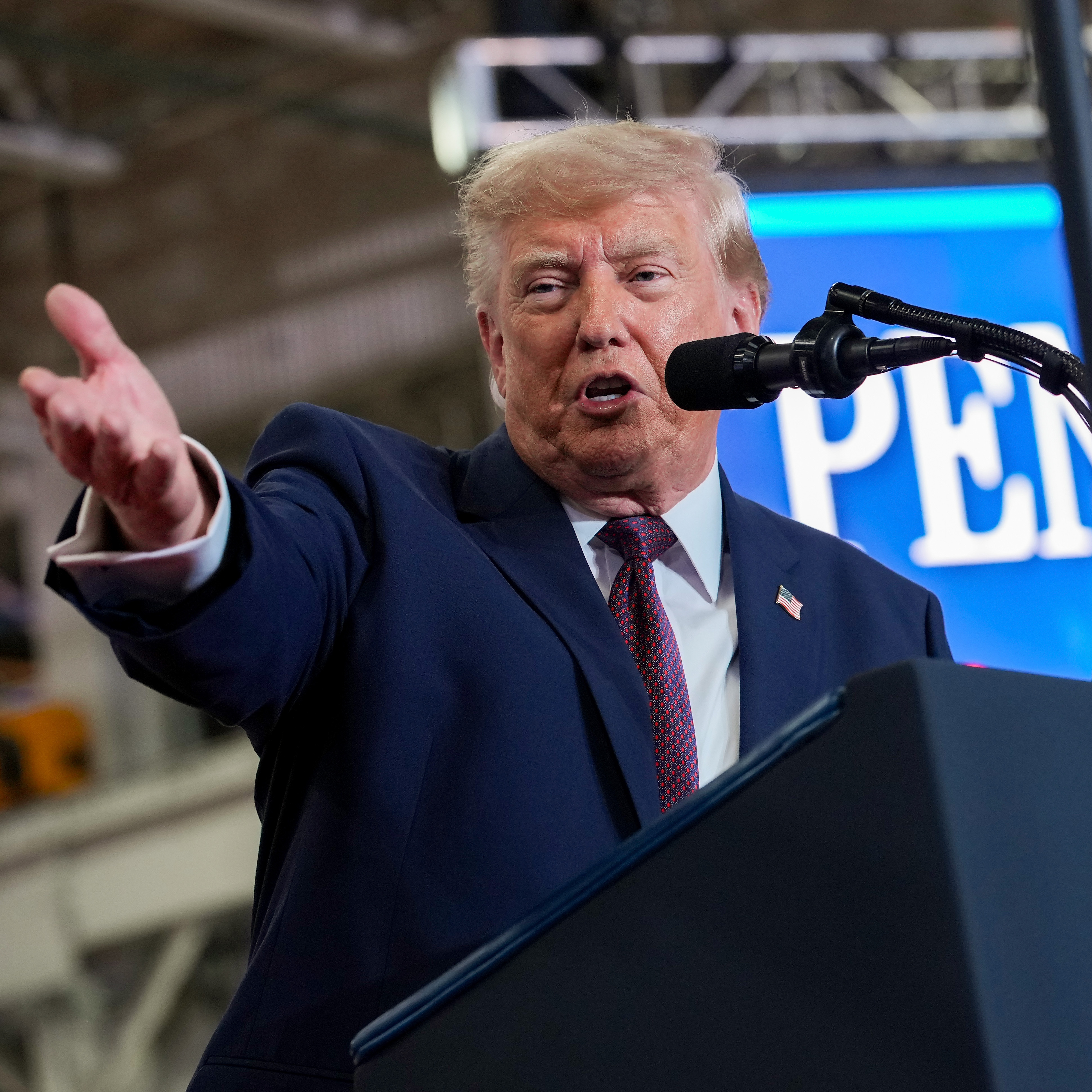 U.S. President Donald Trump delivers remarks at the Mack Trucks Lehigh Valley Operations facility on June 23, 2026 in Macungie, Pennsylvania.