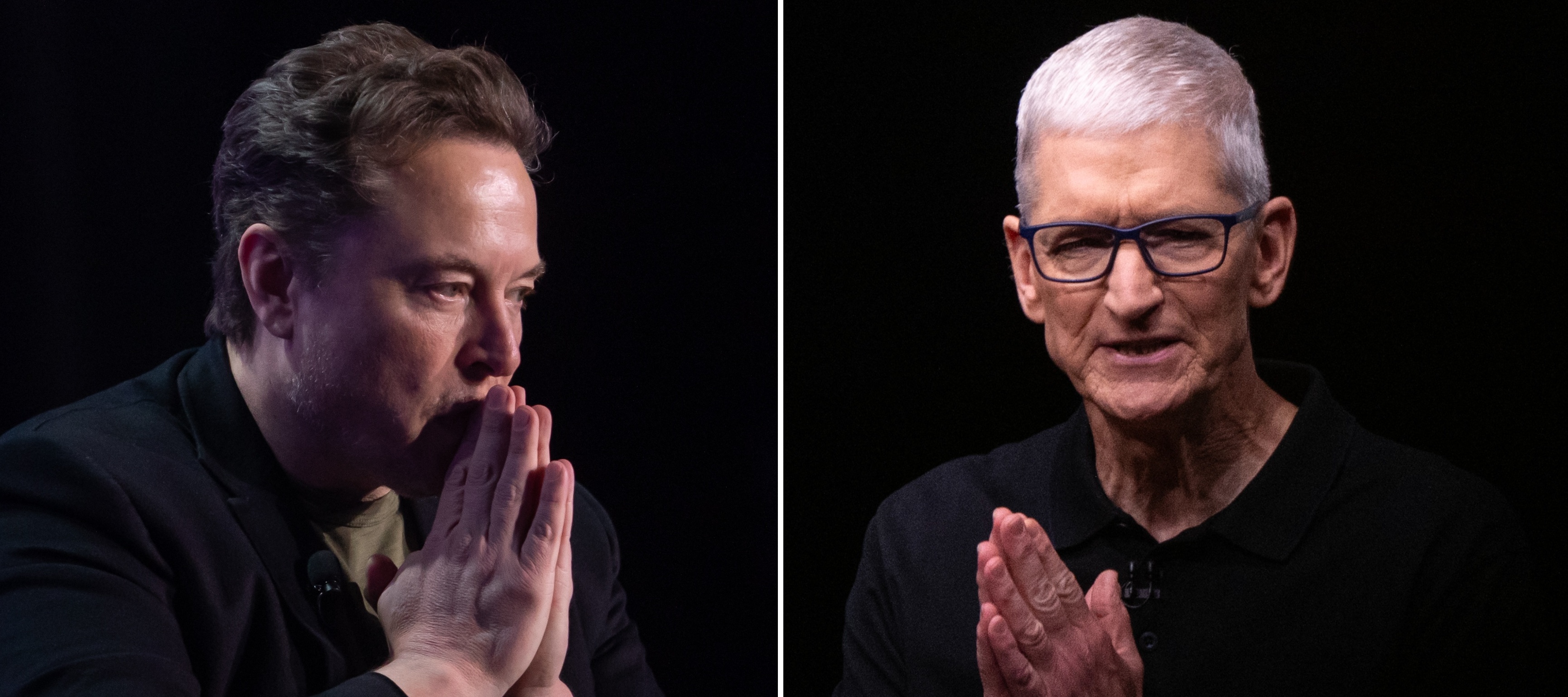 A compilation image of Elon Musk and Tim Cook, each with their hands pressed together as if in prayer.