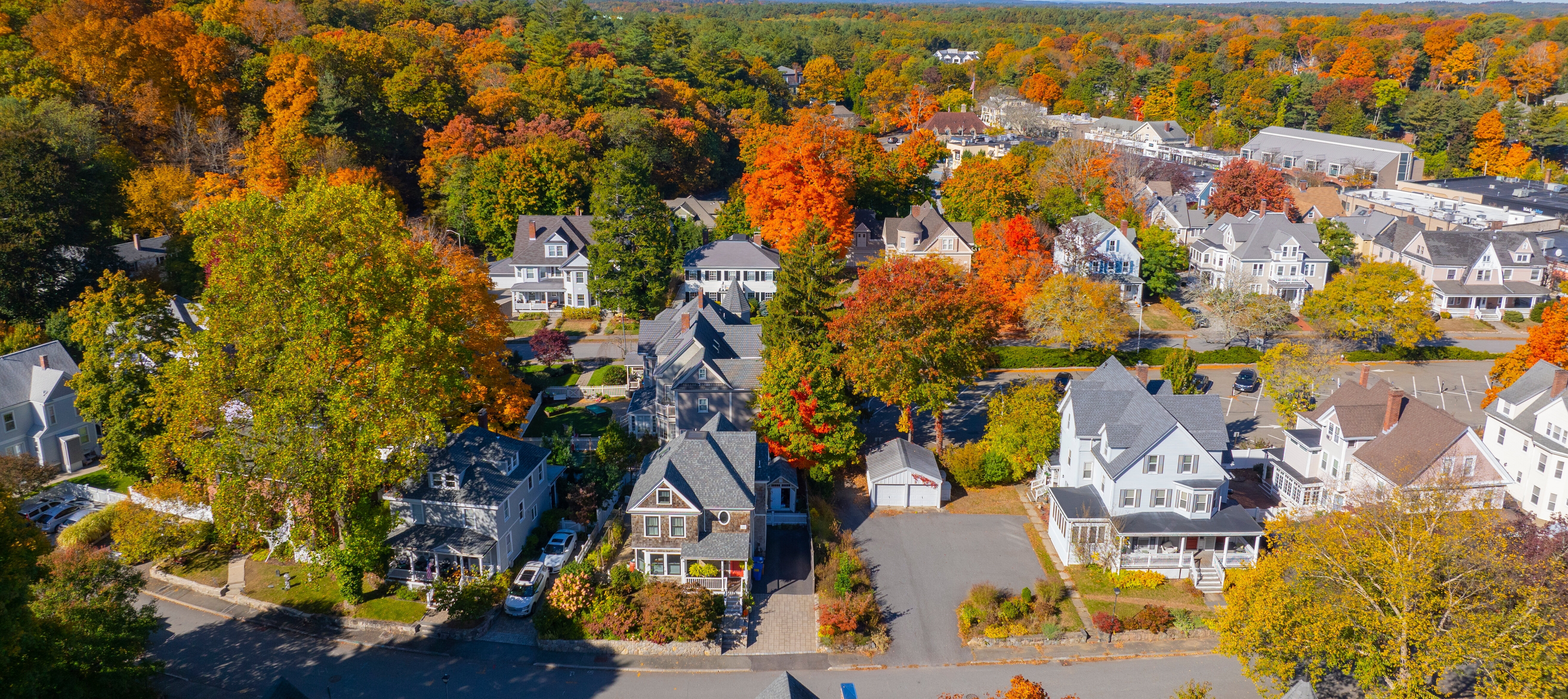 An aerial photo of houses in Wellesley, Massachusetts.
