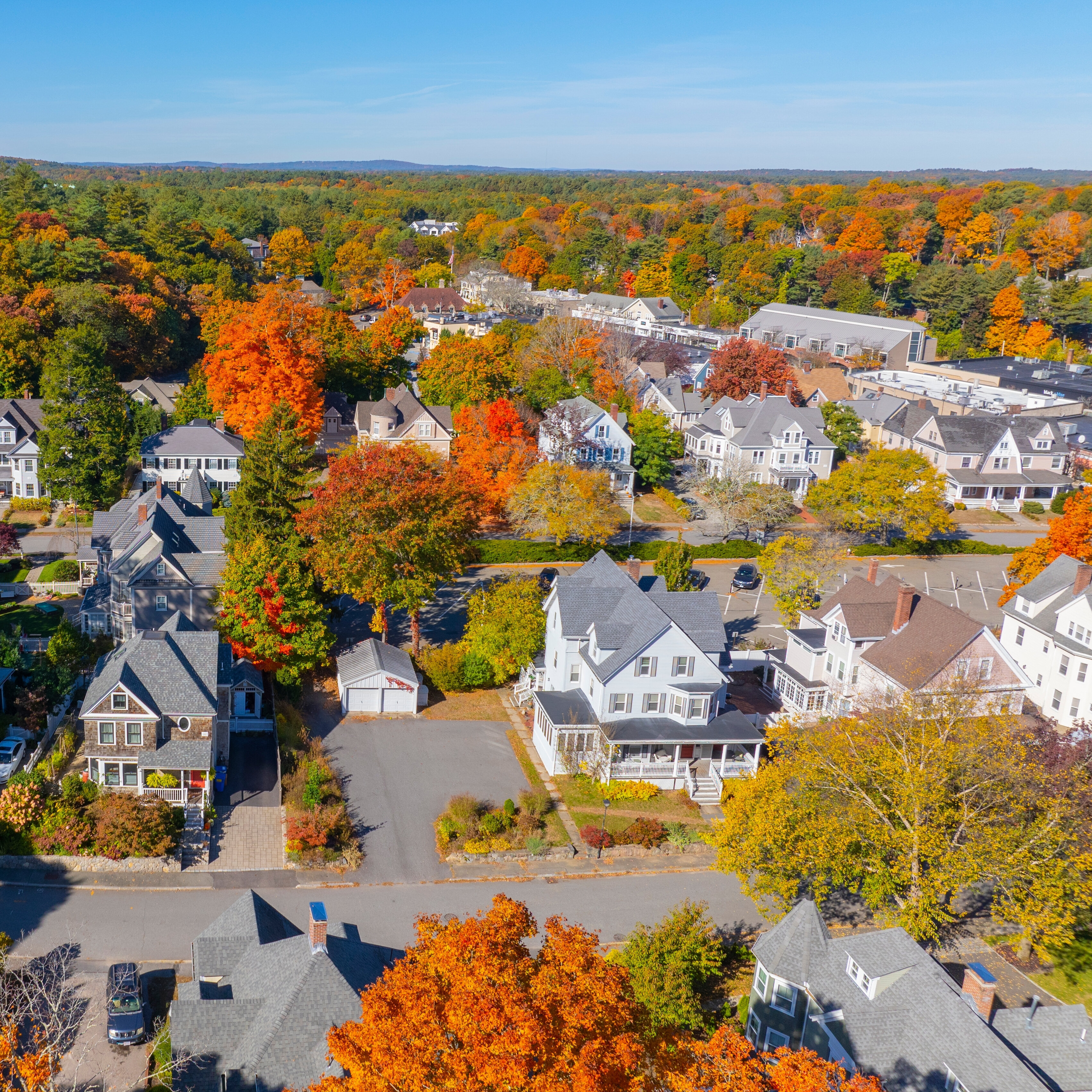 An aerial photo of houses in Wellesley, Massachusetts.