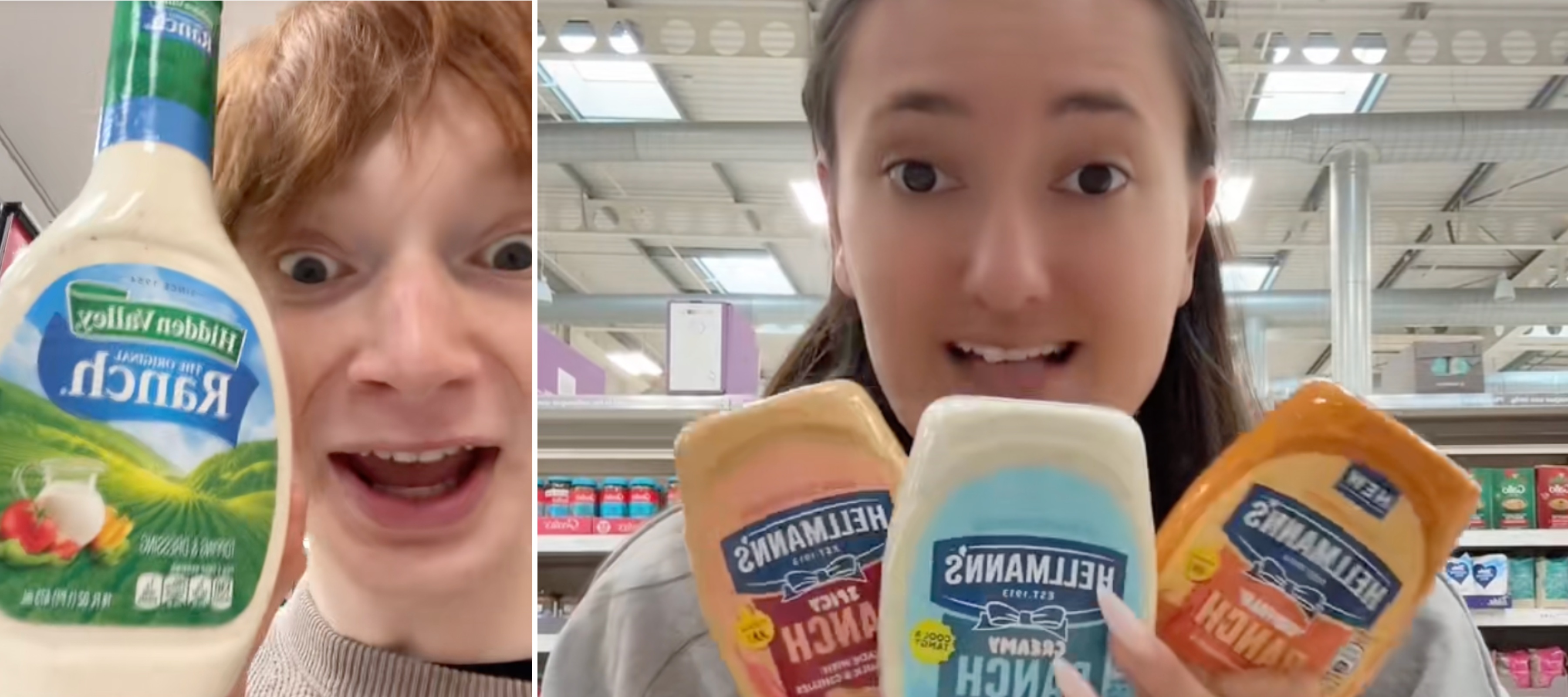 A side by side image of TikTok users @calumharper18 and @eloweese talking excitedly about ranch dressing in their social media posts.
