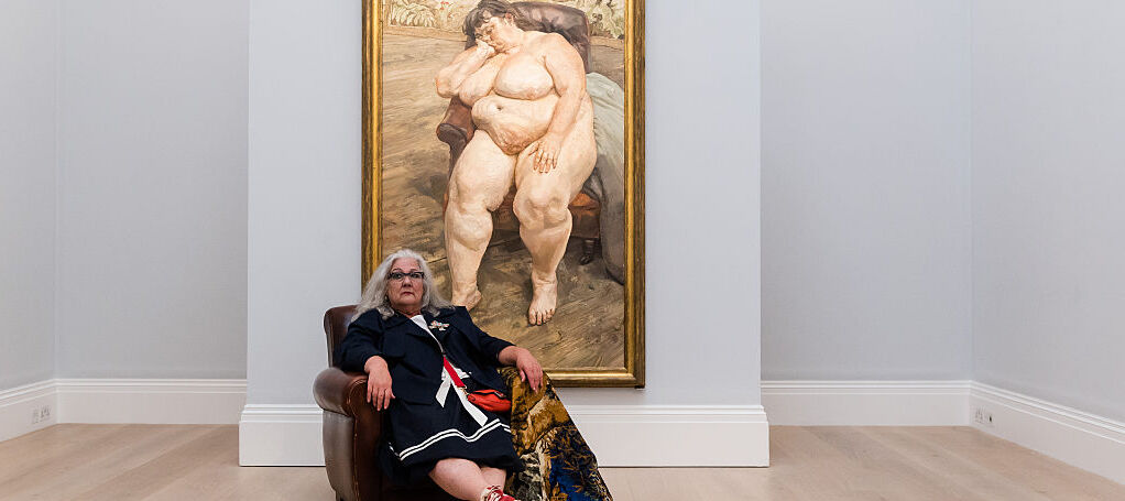Sotheby's auction house unveils Lucian Freud's masterpiece "Sleeping by theLion Carpet," with the painting's famed sitter Sue Tilley in London, United Kingdom.