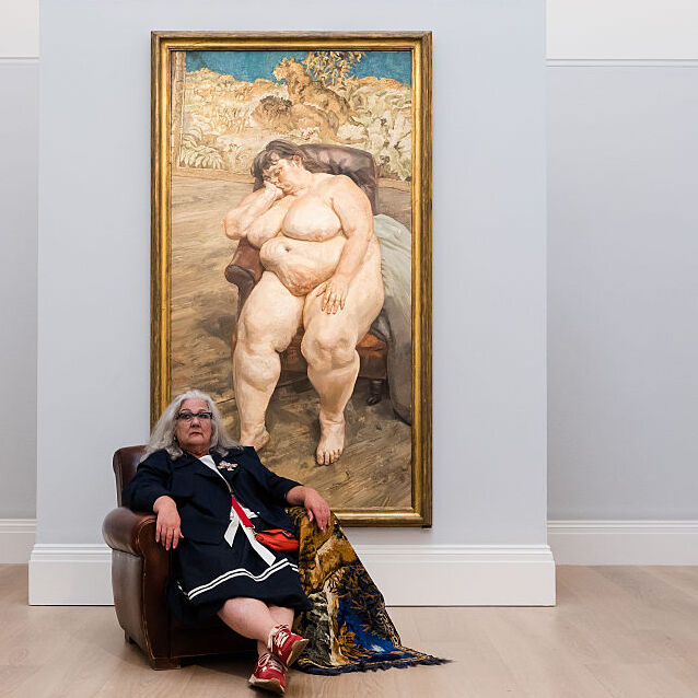 Sotheby's auction house unveils Lucian Freud's masterpiece "Sleeping by theLion Carpet," with the painting's famed sitter Sue Tilley in London, United Kingdom.
