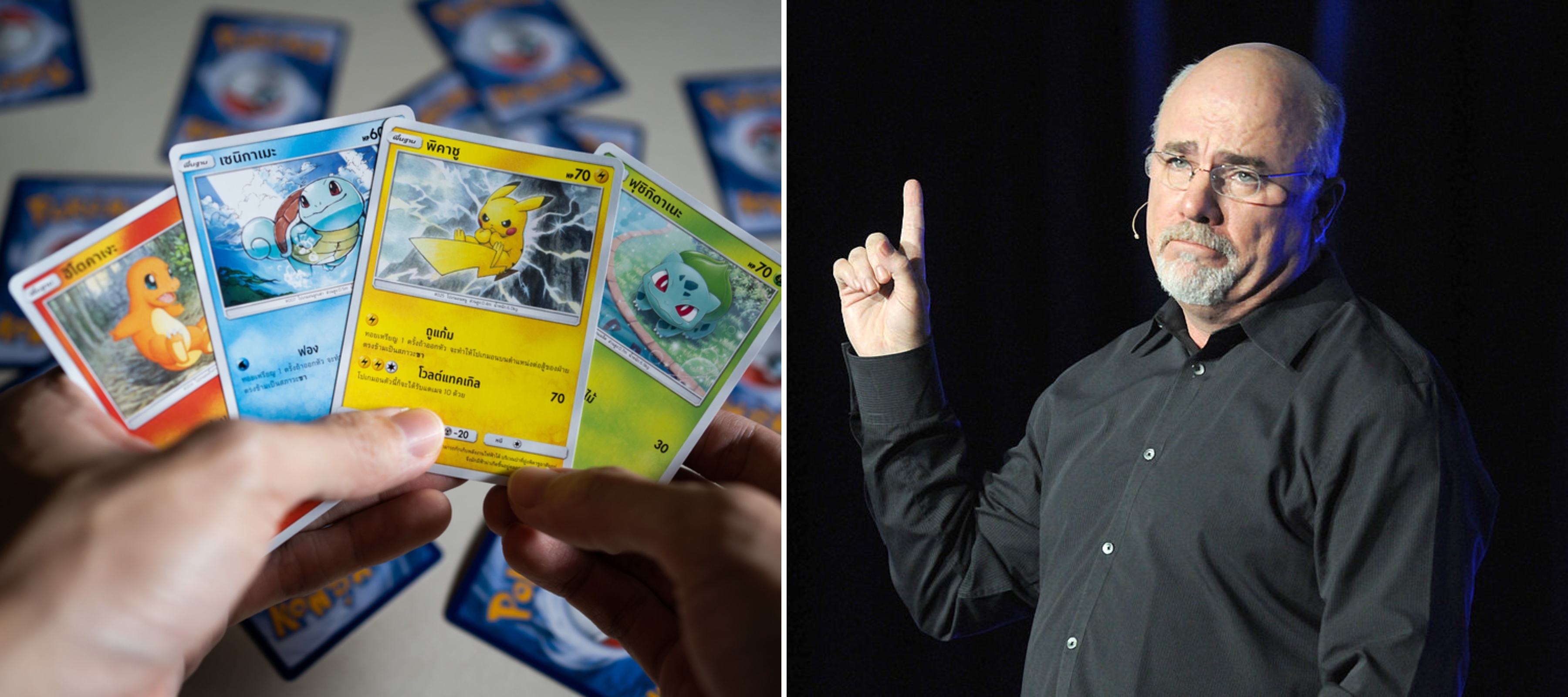 A split panel photo of Pokémon cards and Dave Ramsey