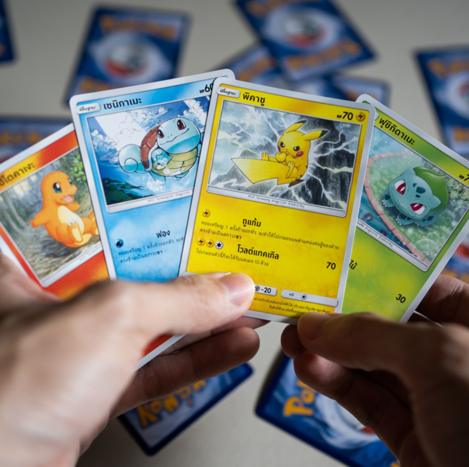 A split panel photo of Pokémon cards and Dave Ramsey