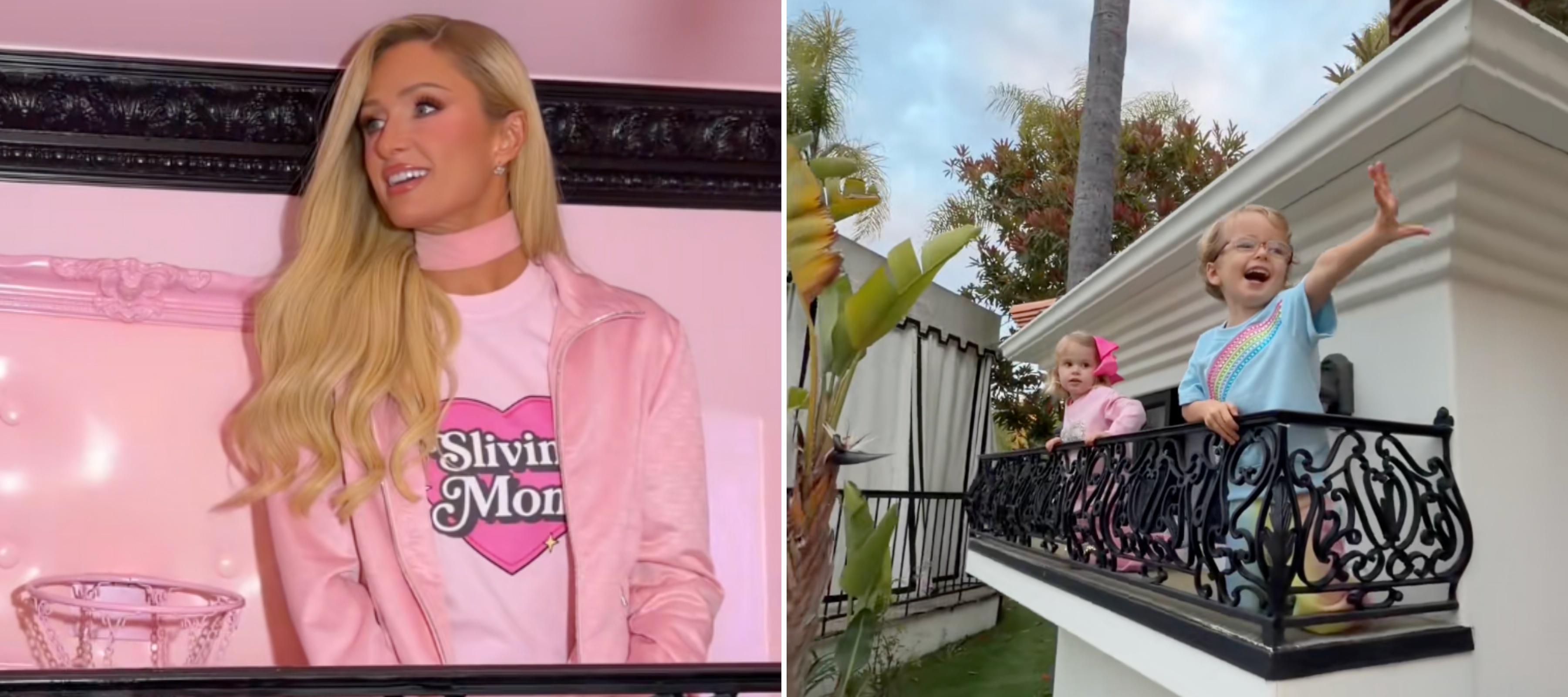 L: Paris Hilton sitting in pink doggy mansion, R: Paris Hilton's children waving from balcony of doggyy mansion