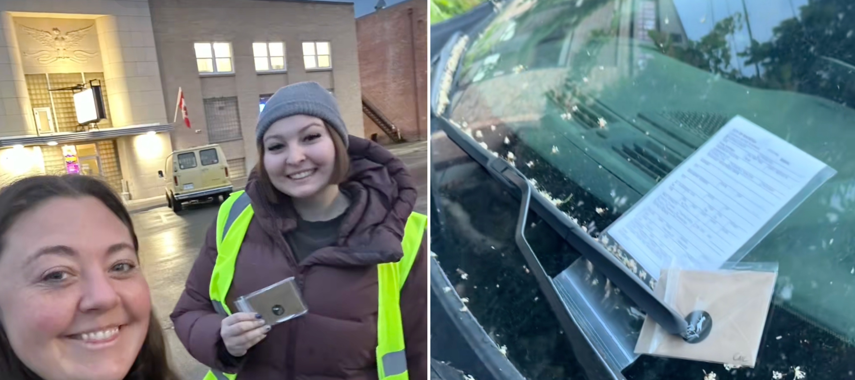Collage image of people in reflective vests leaving coffee cards on car windshields.