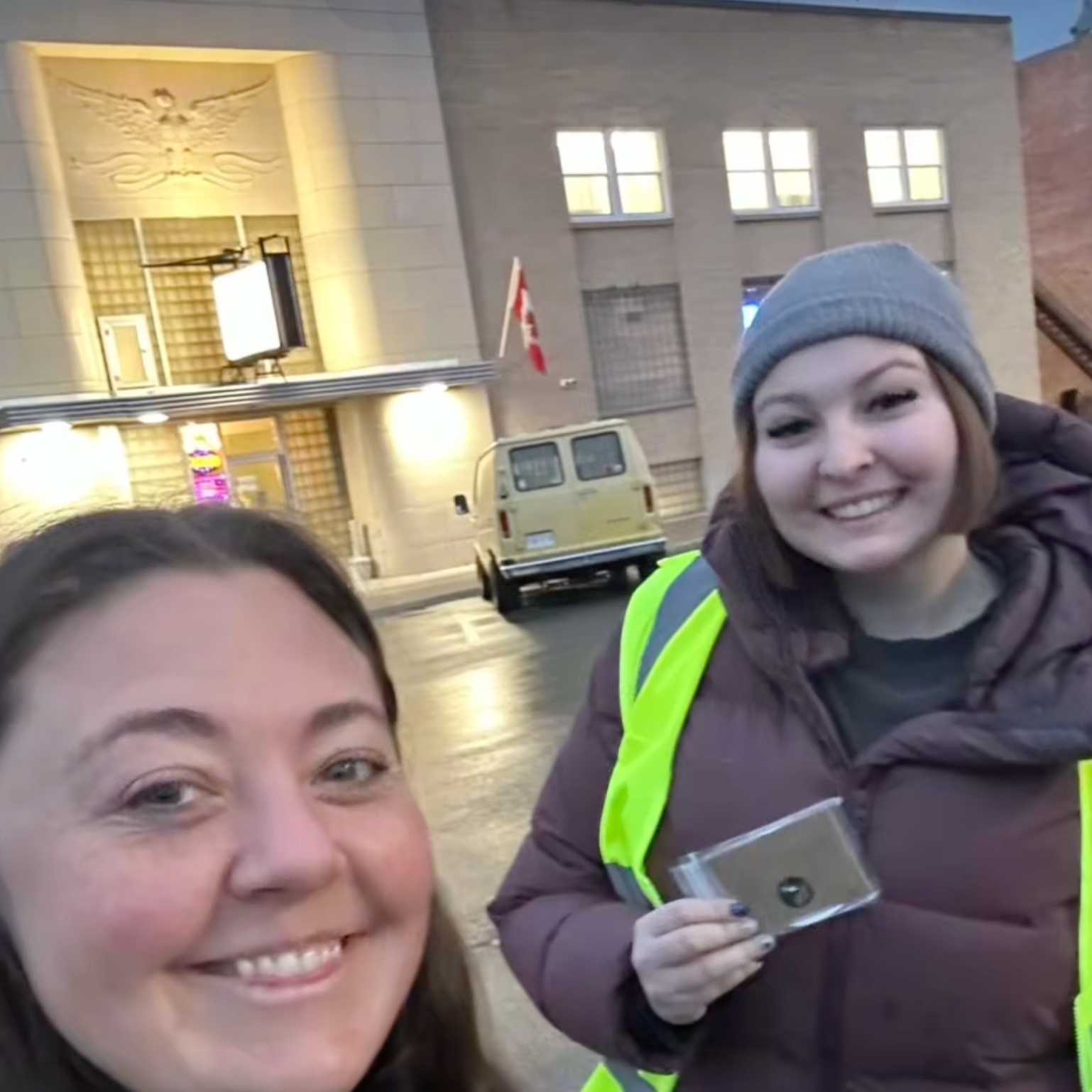 Collage image of people in reflective vests leaving coffee cards on car windshields.