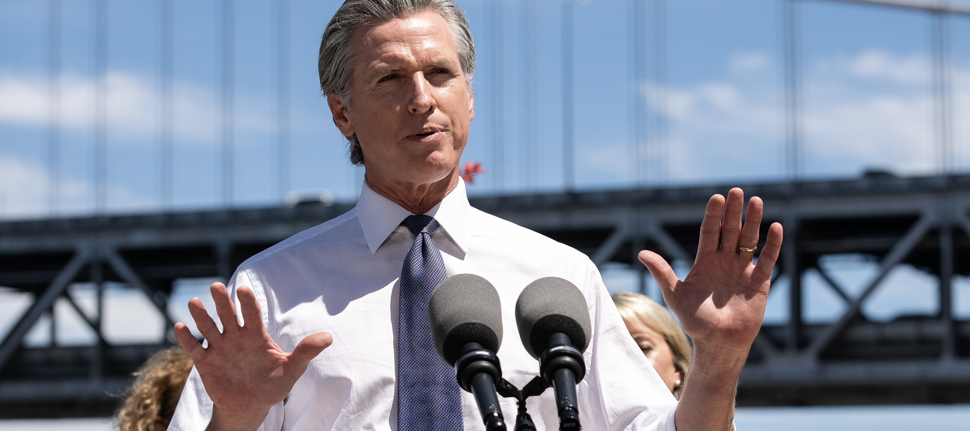 California Governor Gavin Newsom holds a press conference at the Google office in San Francisco