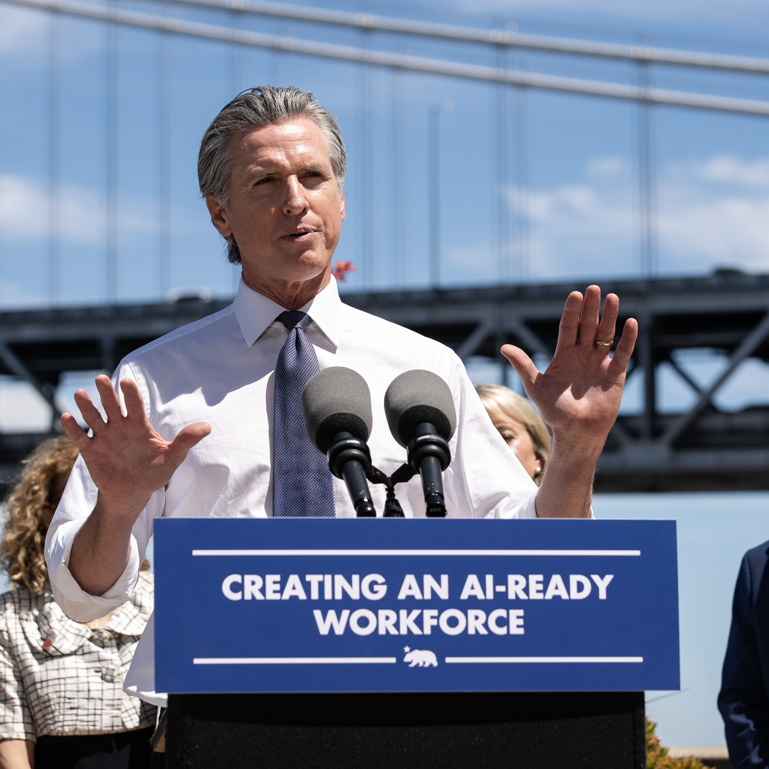 California Governor Gavin Newsom holds a press conference at the Google office in San Francisco