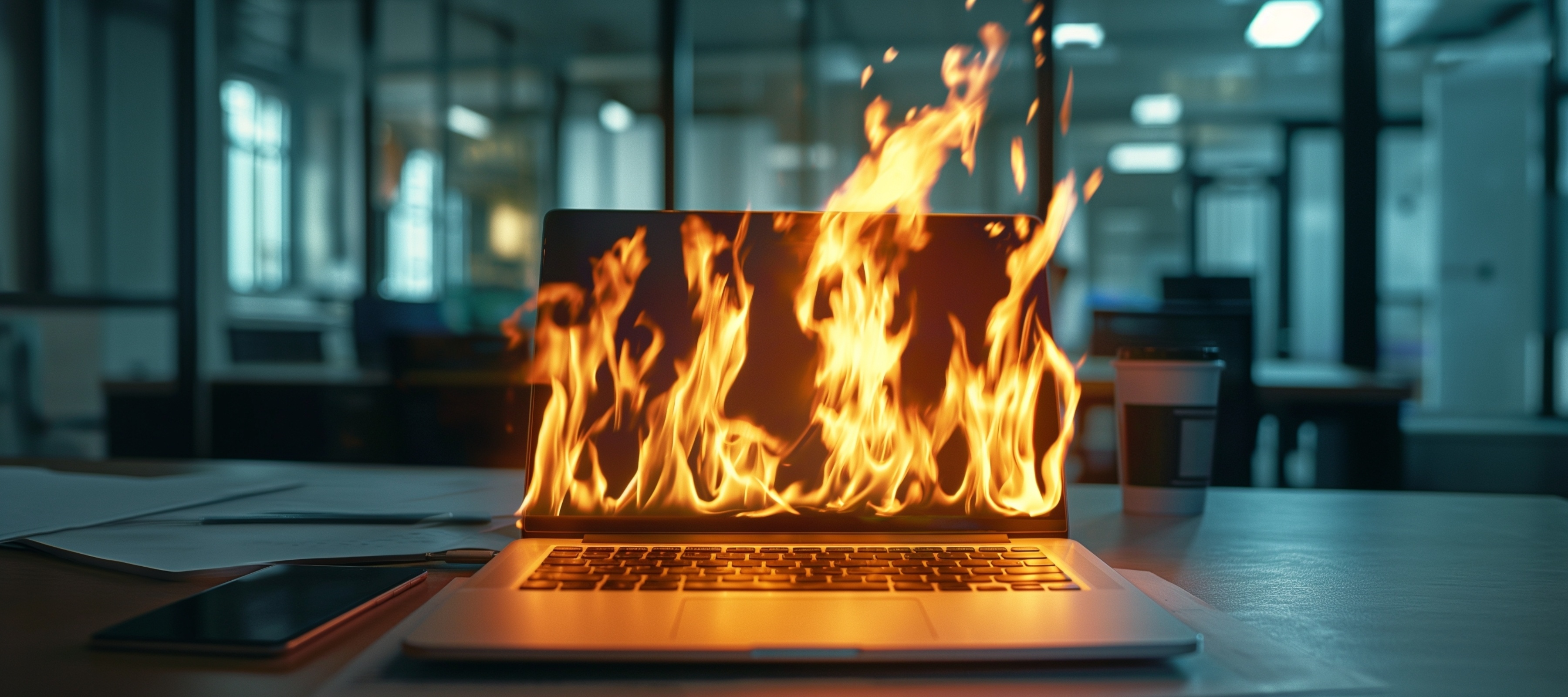 An open laptop on fire