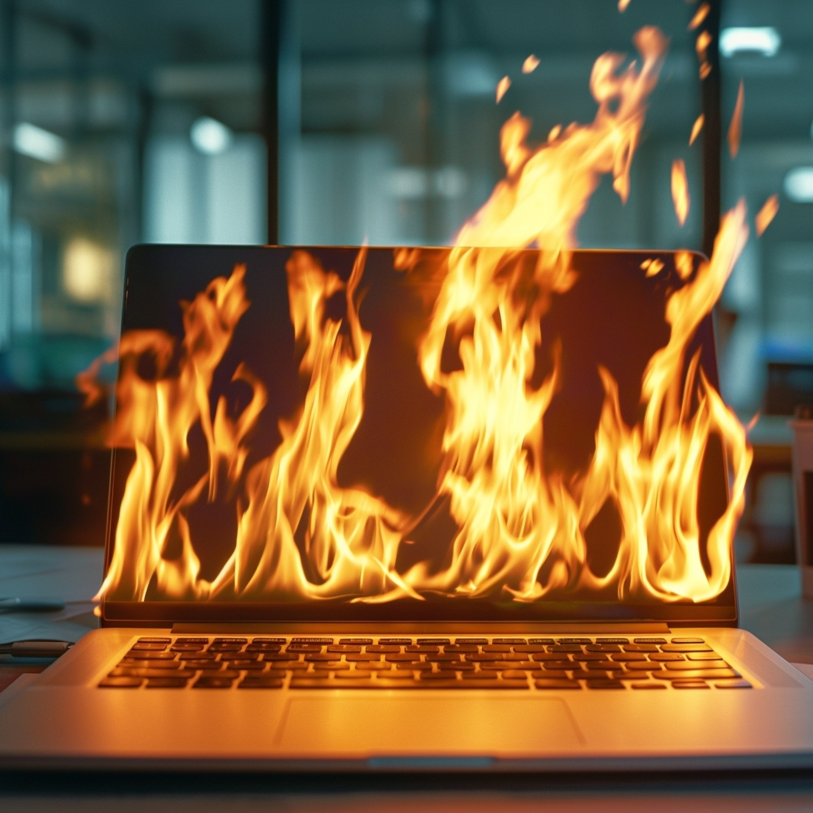 An open laptop on fire