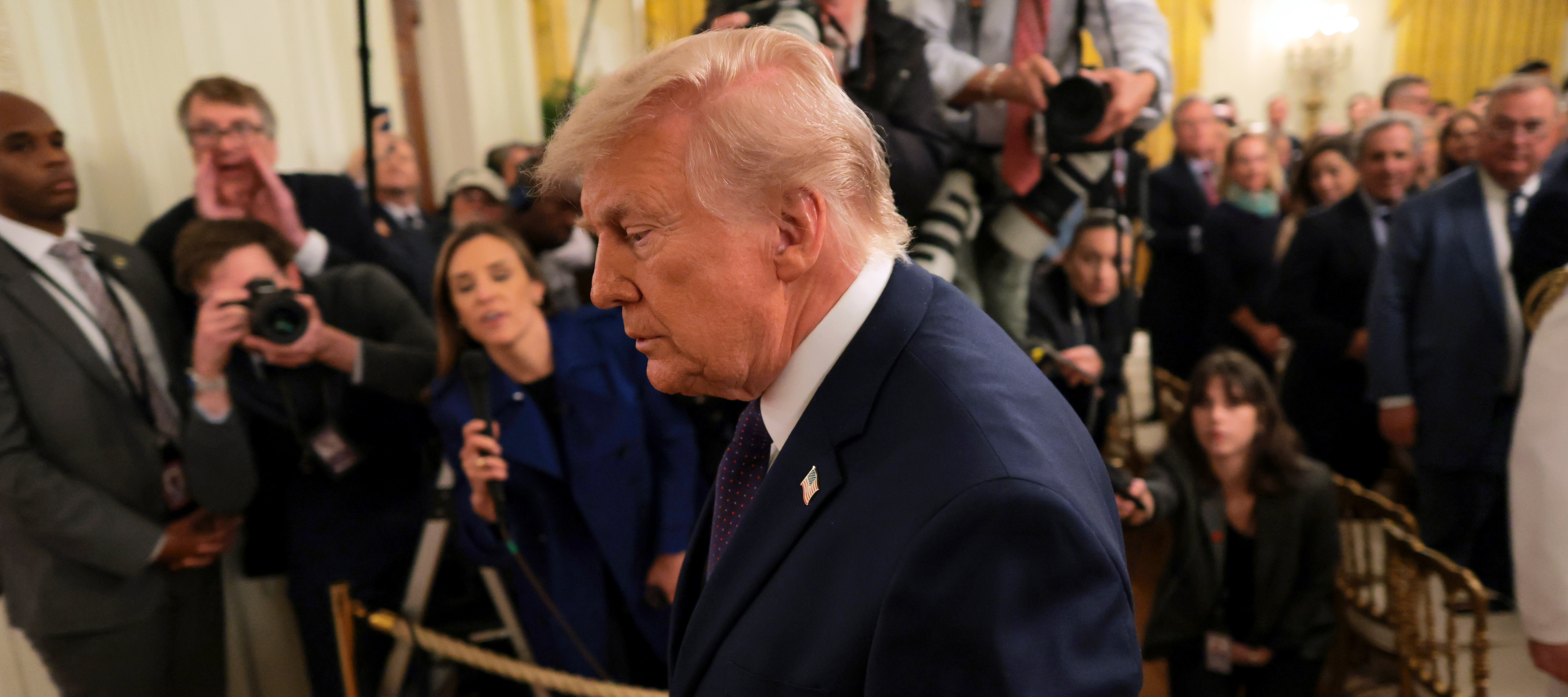 President Donald Trump departs the East Room following the swearing-in ceremony for new Chairman of the Federal Reserve Kevin Warsh.