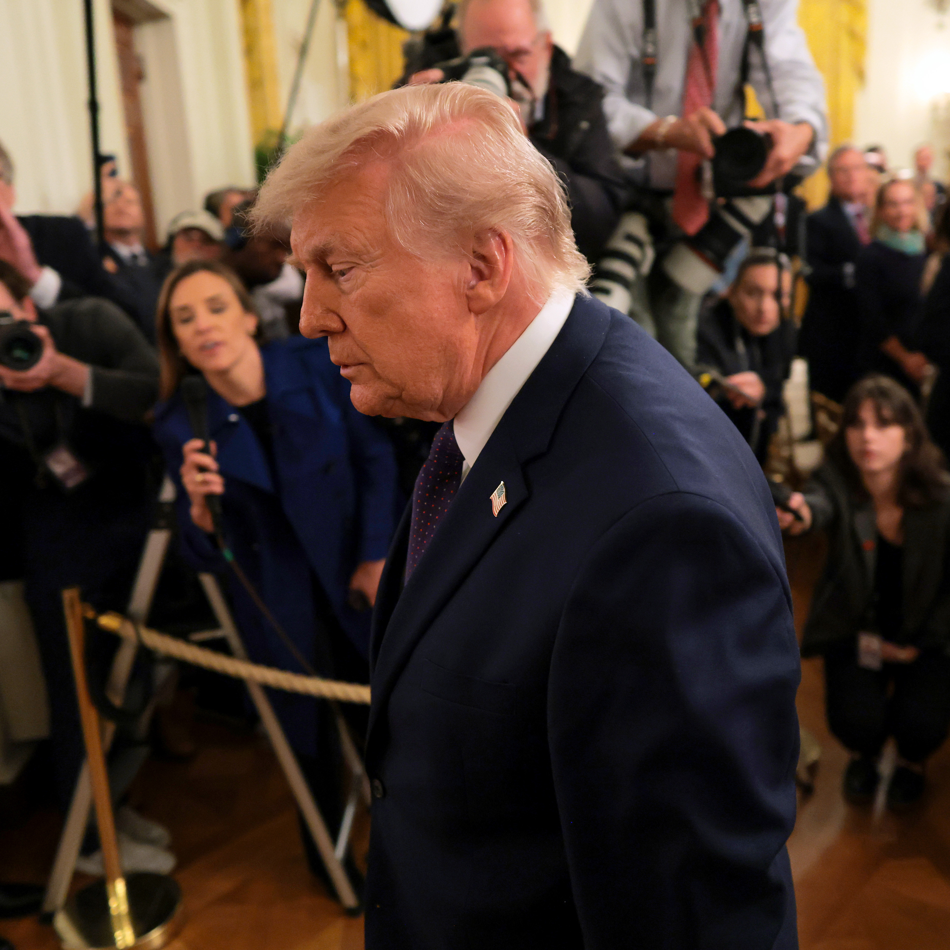 President Donald Trump departs the East Room following the swearing-in ceremony for new Chairman of the Federal Reserve Kevin Warsh.