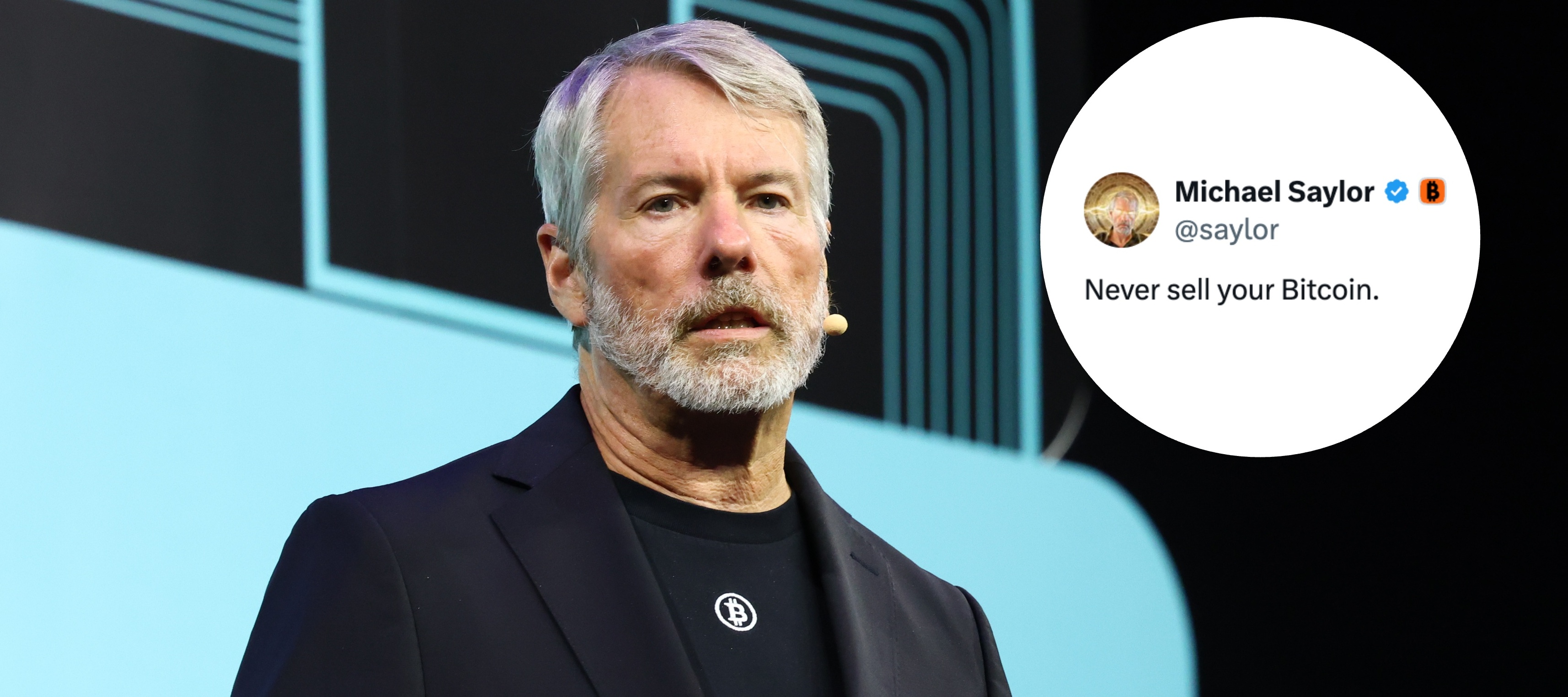 Michael J. Saylor speaks onstage at Consensus Miami 2026. A text bubble is overlayed, showing an X post from his account, saying "Never sell your Bitcoin."