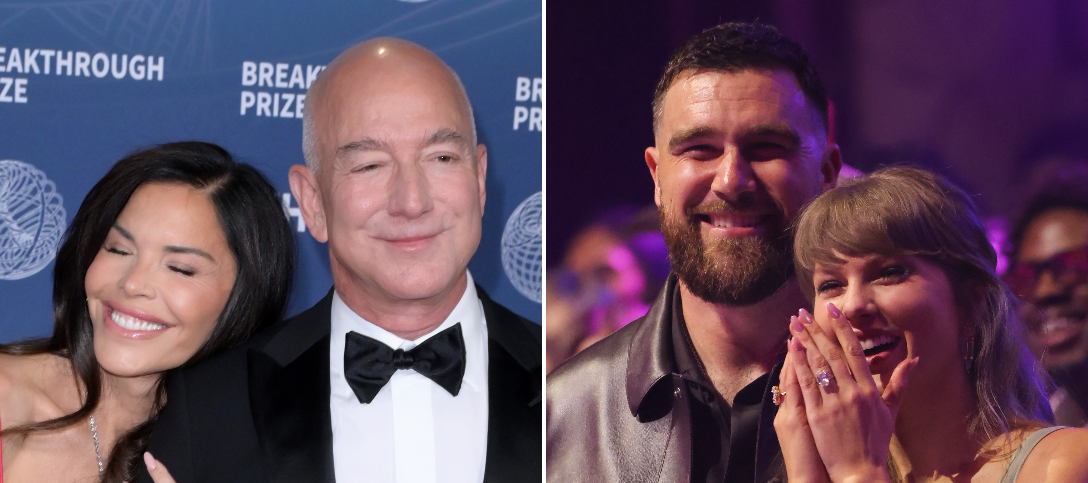 Jeff Bezos embraces Lauren Sanchez; Travis Kelce and Taylor Swift smile together