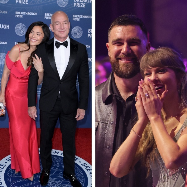 Jeff Bezos embraces Lauren Sanchez; Travis Kelce and Taylor Swift smile together