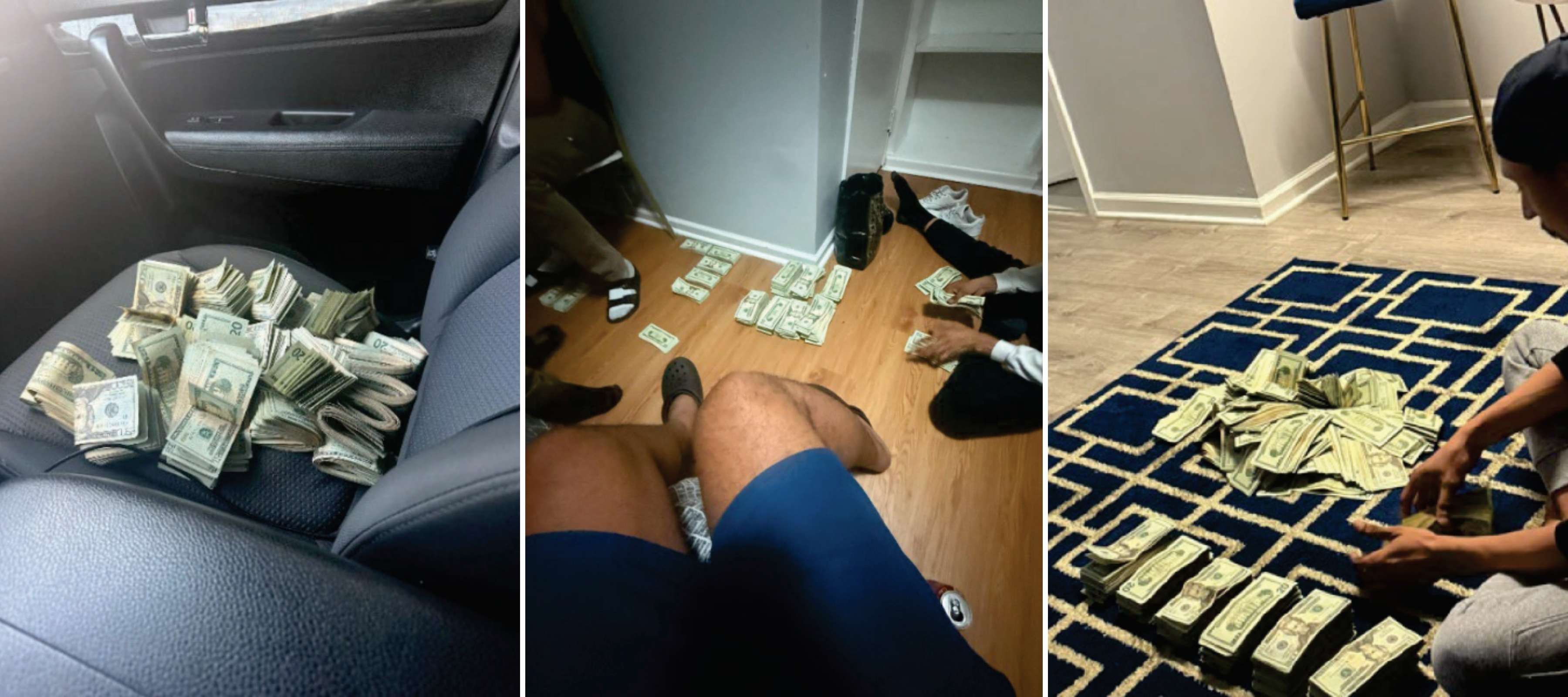 Images included in the indictment, allegedly taken from the suspects' phones, show large amounts of cash in piles on the floor.