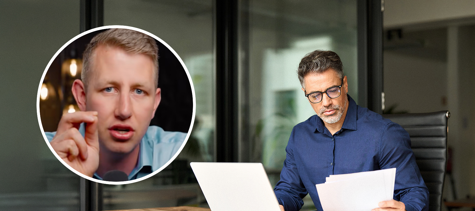 An inset photo of Braiden Shaw and a man sitting at his desk.