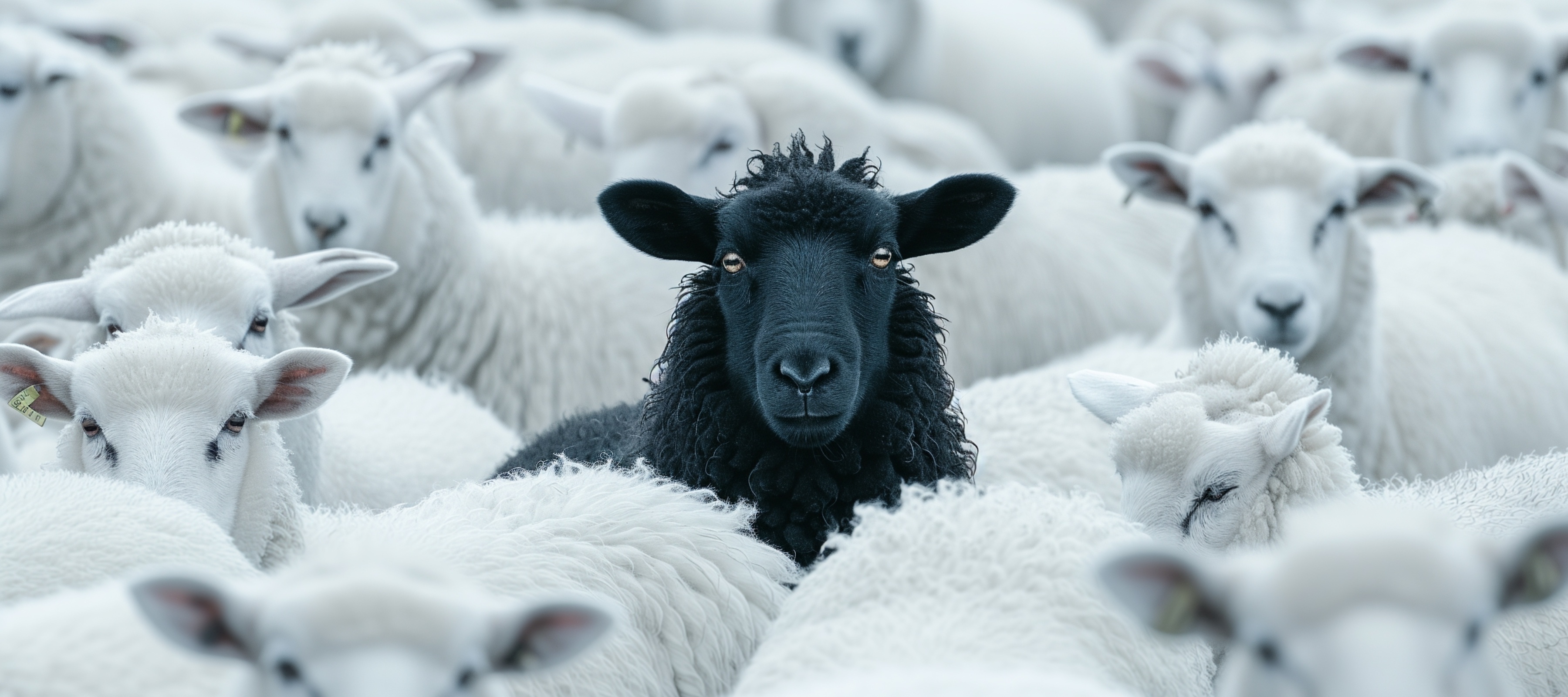 A black sheep in the middle of a pack of white sheep