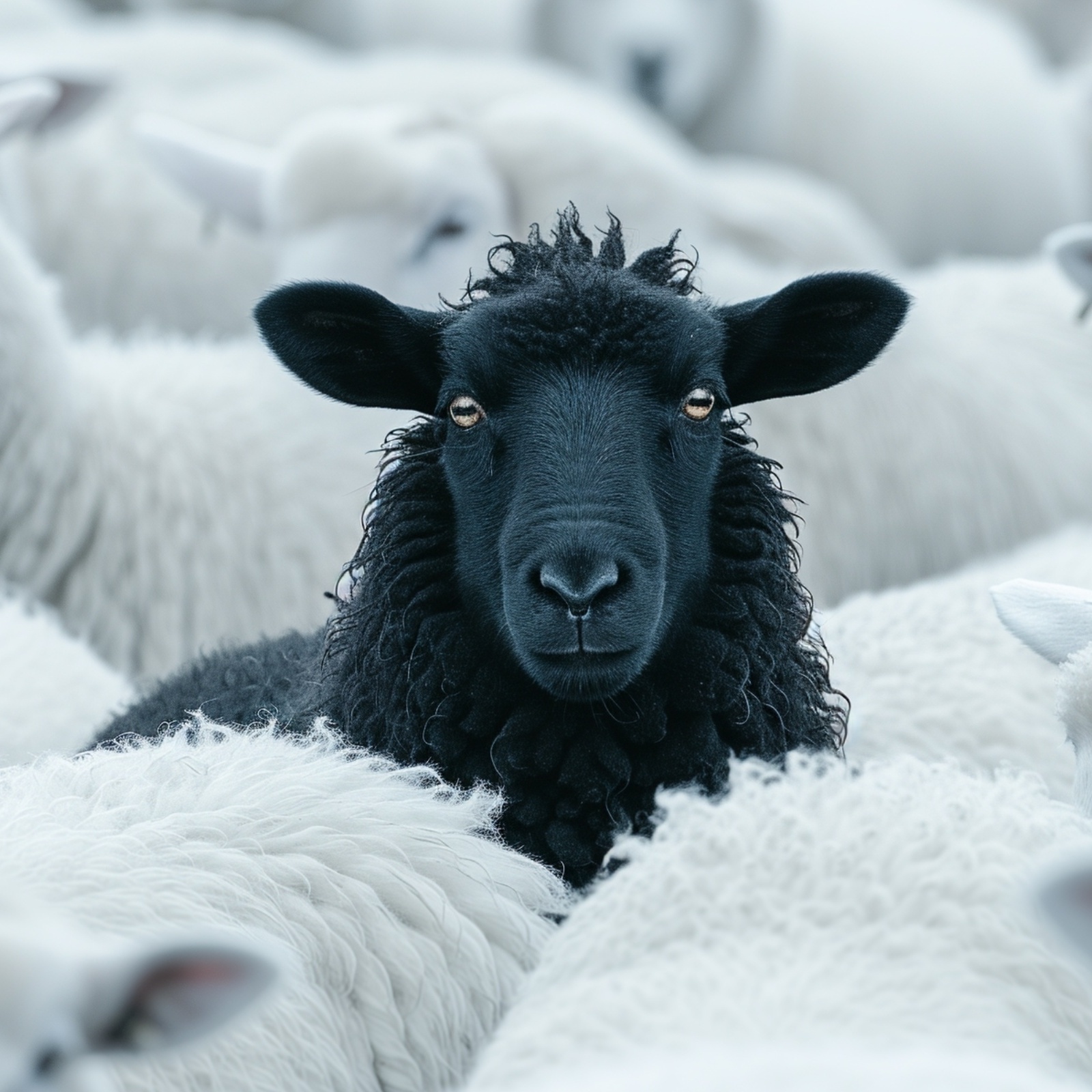 A black sheep in the middle of a pack of white sheep