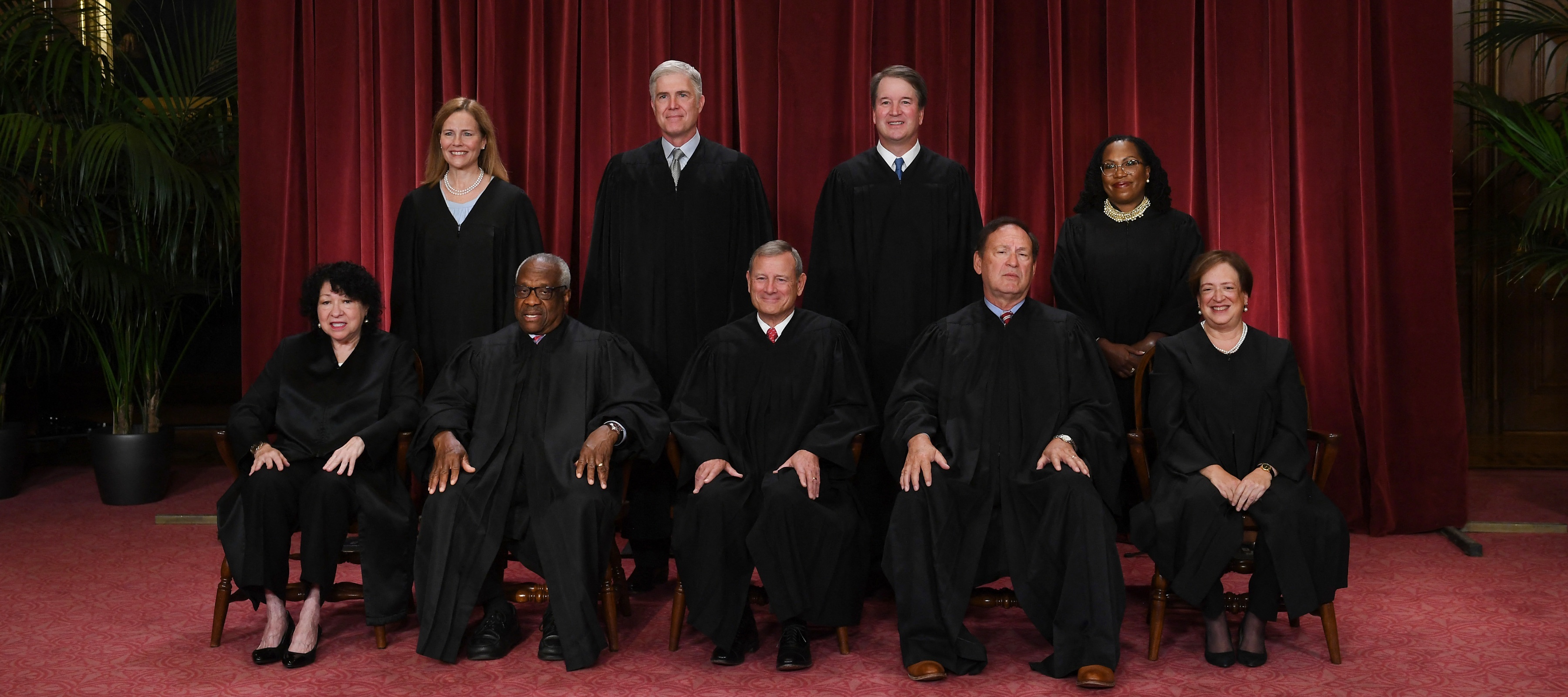 The US Supreme Court justices: Sonia Sotomayor, Clarence Thomas, John Roberts, Samuel Alito, Elena Kagan, Amy Coney Barrett, Neil Gorsuch, Brett Kavanaugh and Ketanji Brown Jackson
