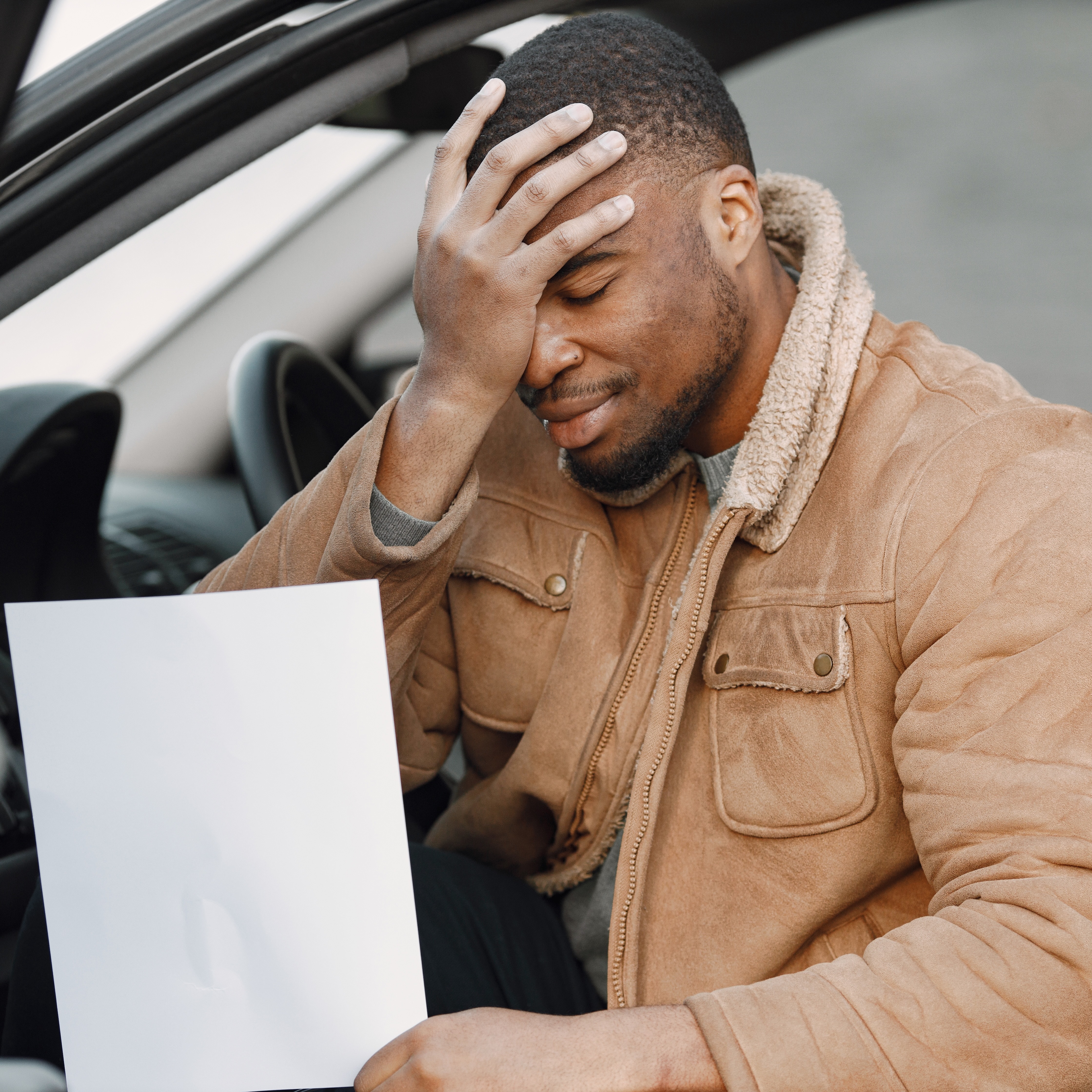 An adult man covers his face with his hand while sitting in the driver's seat of a car and holding a piece of paper.