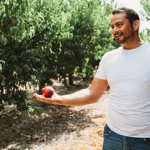 A two-column collage of a nectarine and California farmer Cesar Mora.