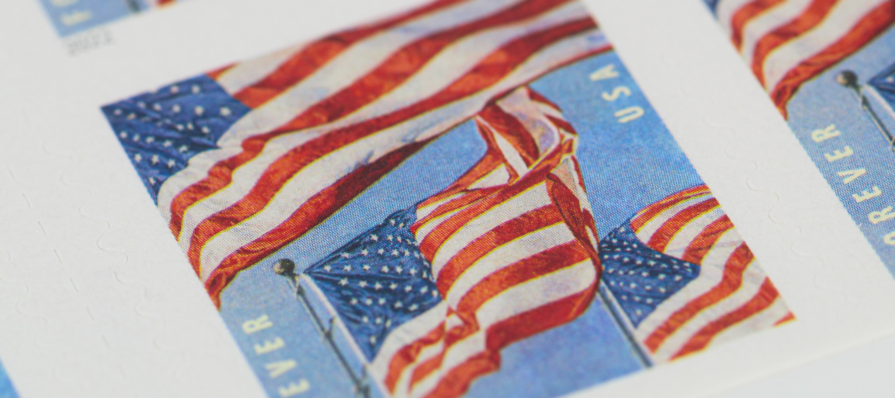 A close-up picture of a Forever Stamp from the US Postal Service