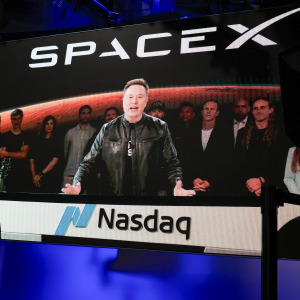 Elon Musk at SpaceX's IPO, which briefly made him a trillionaire.