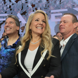 Gwynne Shotwell, President of SpaceX, is joined by company leadership as they ring the opening bell at the Nasdaq.