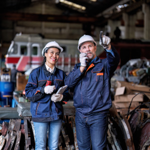 Two workers wearing hard hats and blue work uniforms stand in a manufacturing plant.