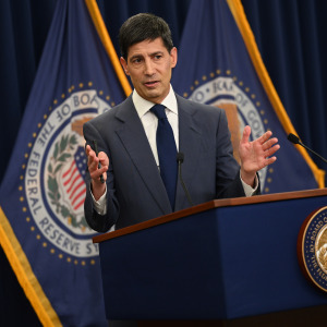 Kevin Warsh speaks at a press conference.