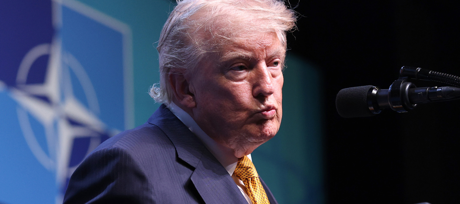 U.S. President Donald Trump speaks at a press conference during the 2026 NATO Leaders Summit.