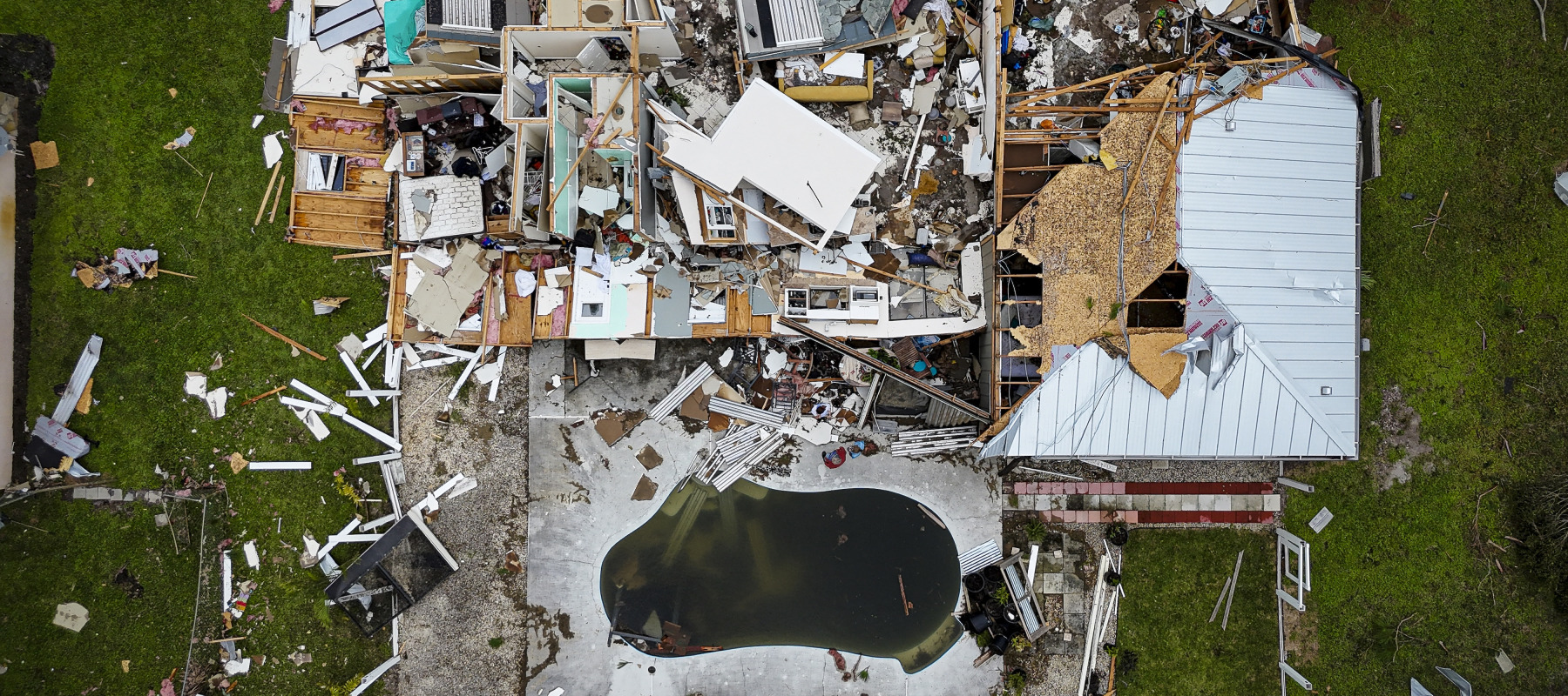 Aerial view of a destroyed house in the aftermath of Hurricane Milton in October 2024.