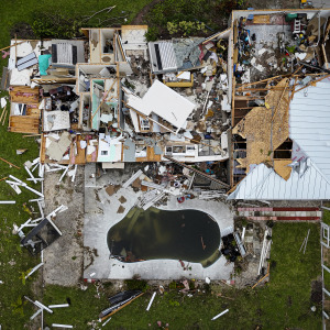 Aerial view of a destroyed house in the aftermath of Hurricane Milton in October 2024.